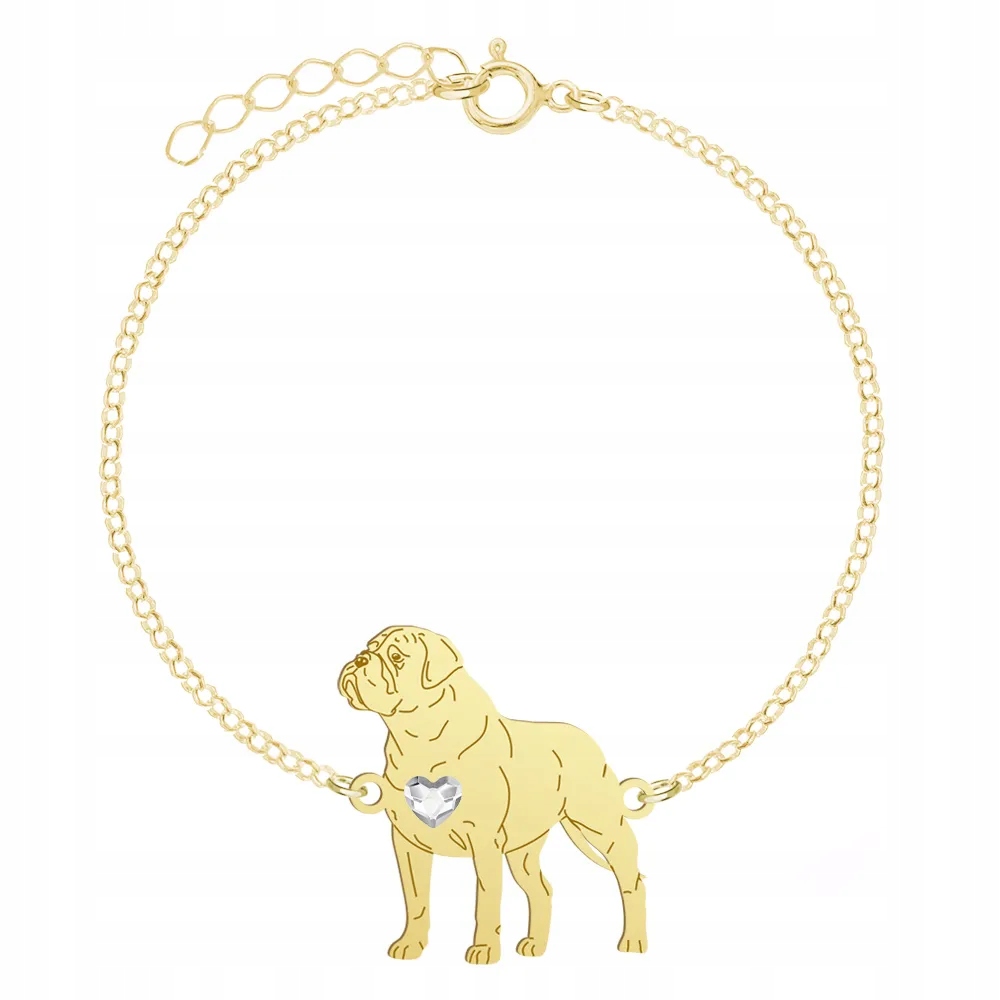 Zlatý náramek s psem plemene Bullmastiff 925 Řetízek Dárek Gravírování