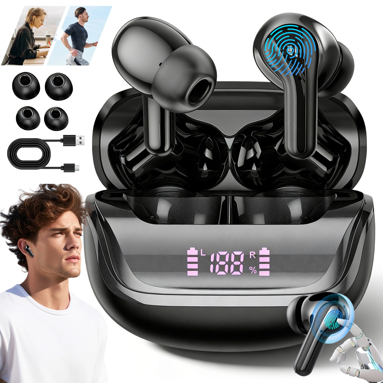 Sluchátka Bezdrátová Do Uší Bluetooth 5.4 Kanálová Černá Voděodolná