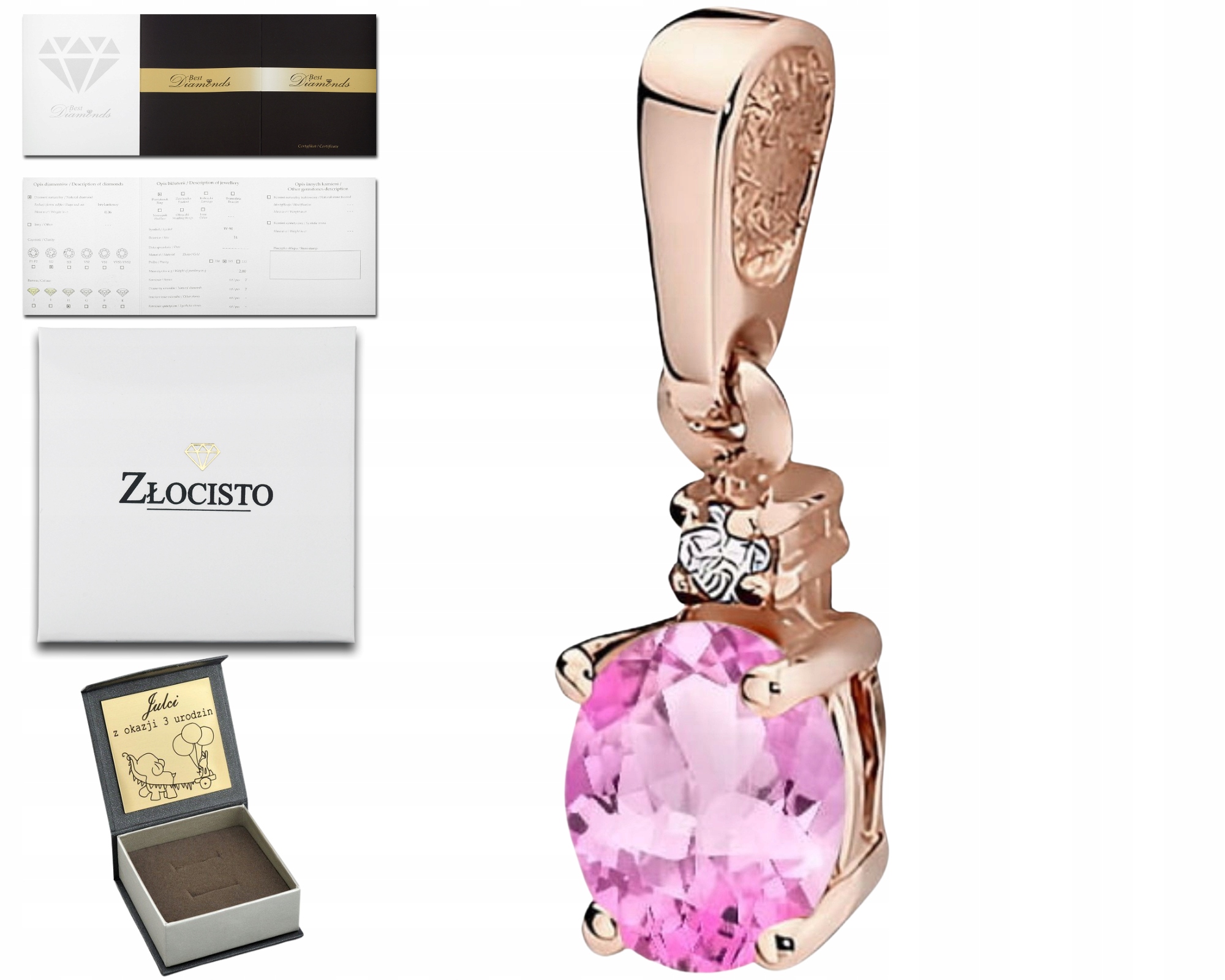 Růžový Zlatý Přívěsek S Diamanty, Růžovým Topazem Gravírování Bonus 585