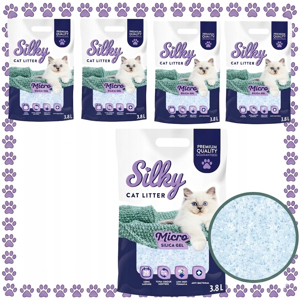 Silikonové stelivo pro kočky bezprašné Micro Silky 3,8 l, sada 5 ks