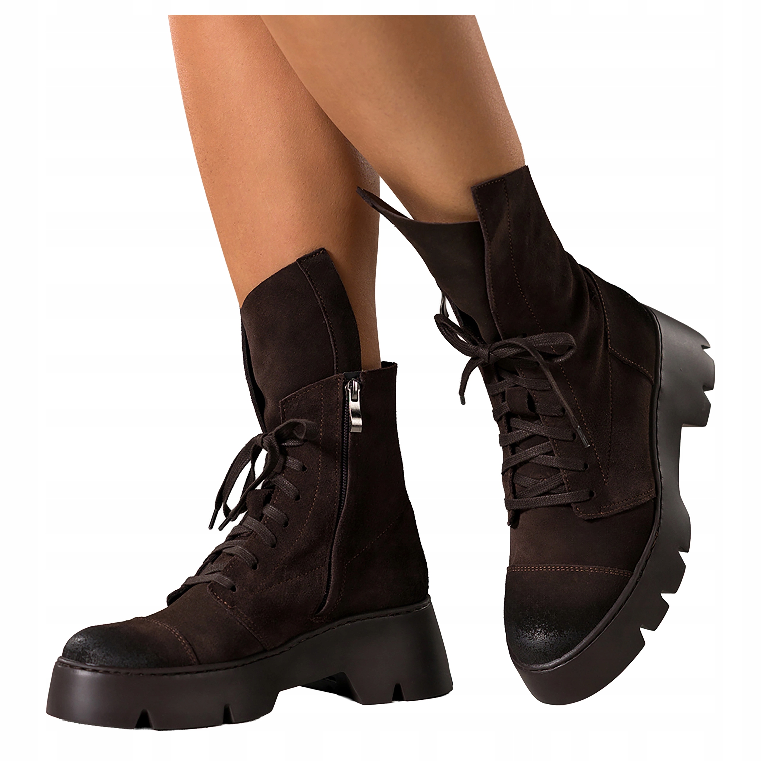 Čokoládové dámské kotníkové boty Kožené Workery Modne Platforma Šněrovací vel. 38