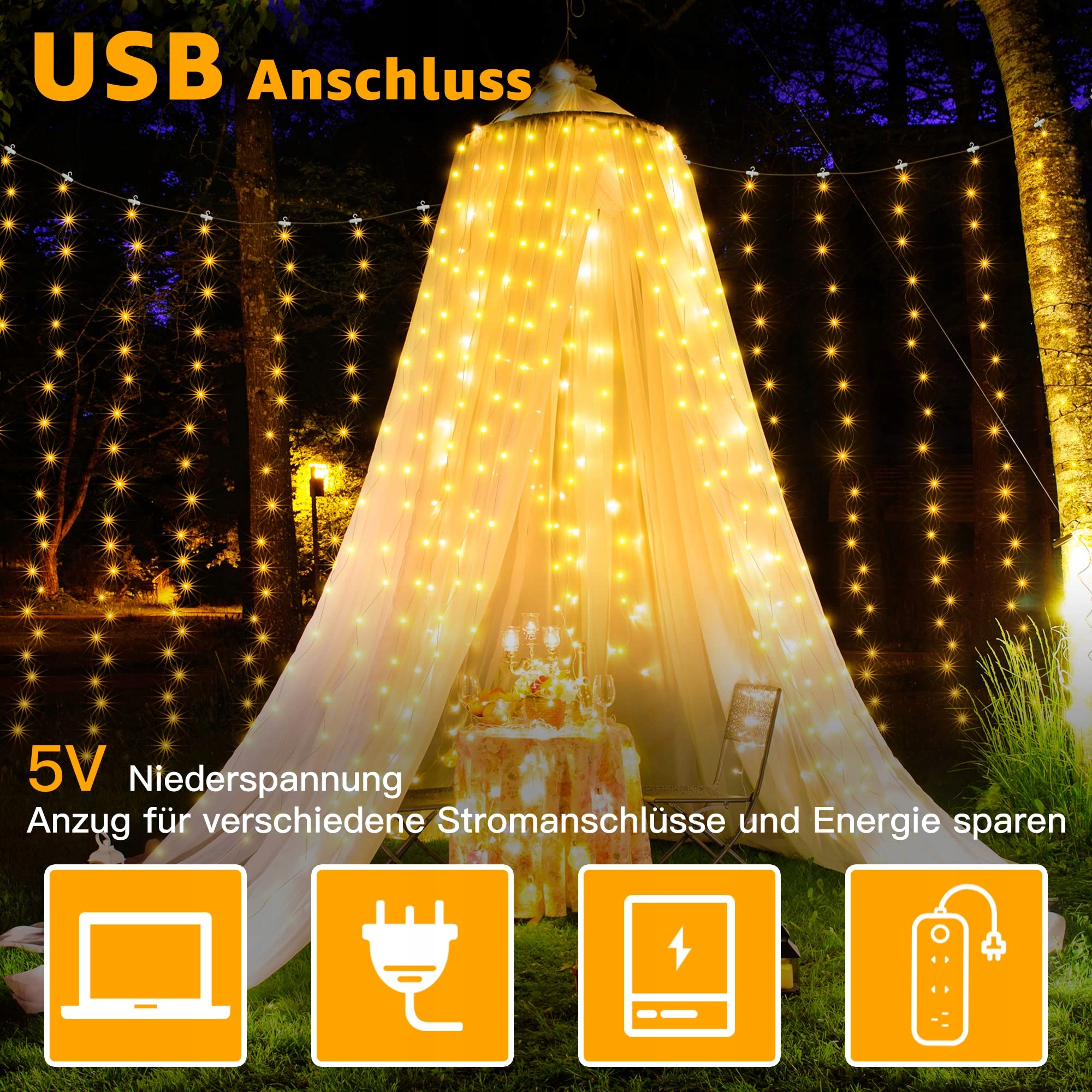 OLLNY Kurtyna Zasłona Girlanda Świetlna Lampki Dekoracyjne 2x2m 200LED — miniatura 5