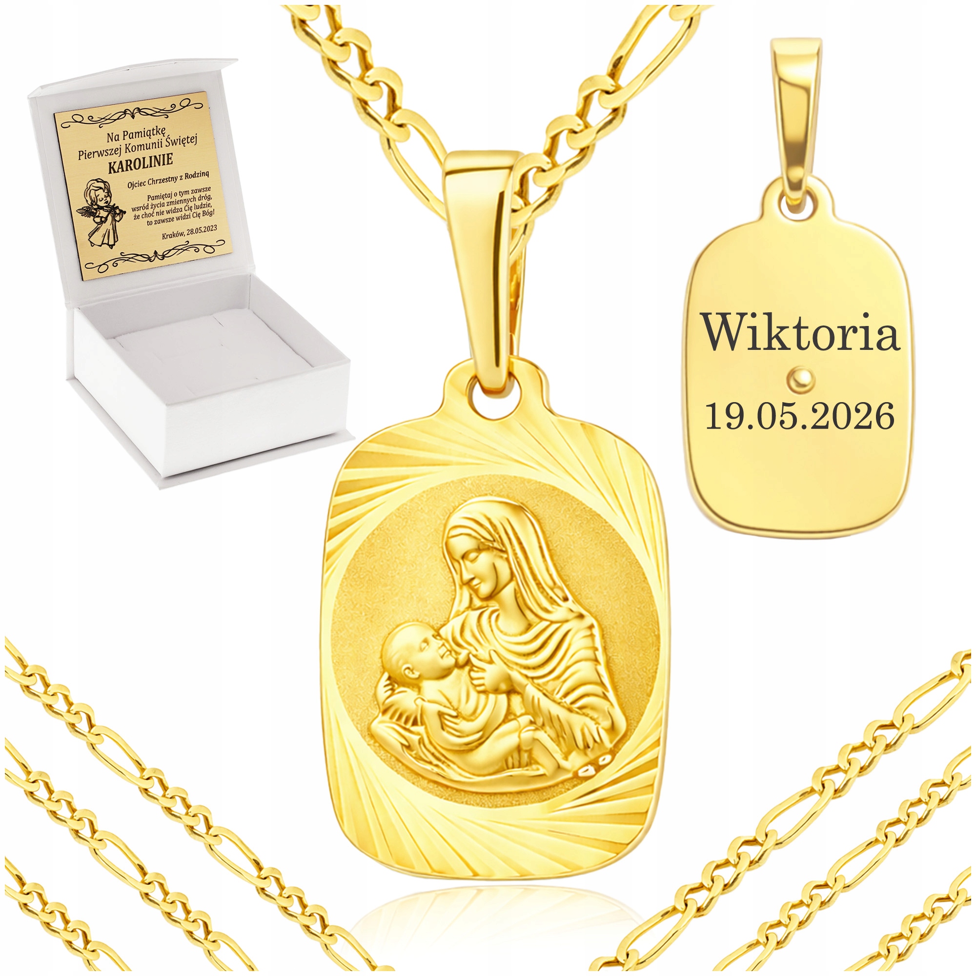 Pozlacený Řetízek Figaro Medaile Ryzost 925 Unisex Pro Přijímání Gravírování