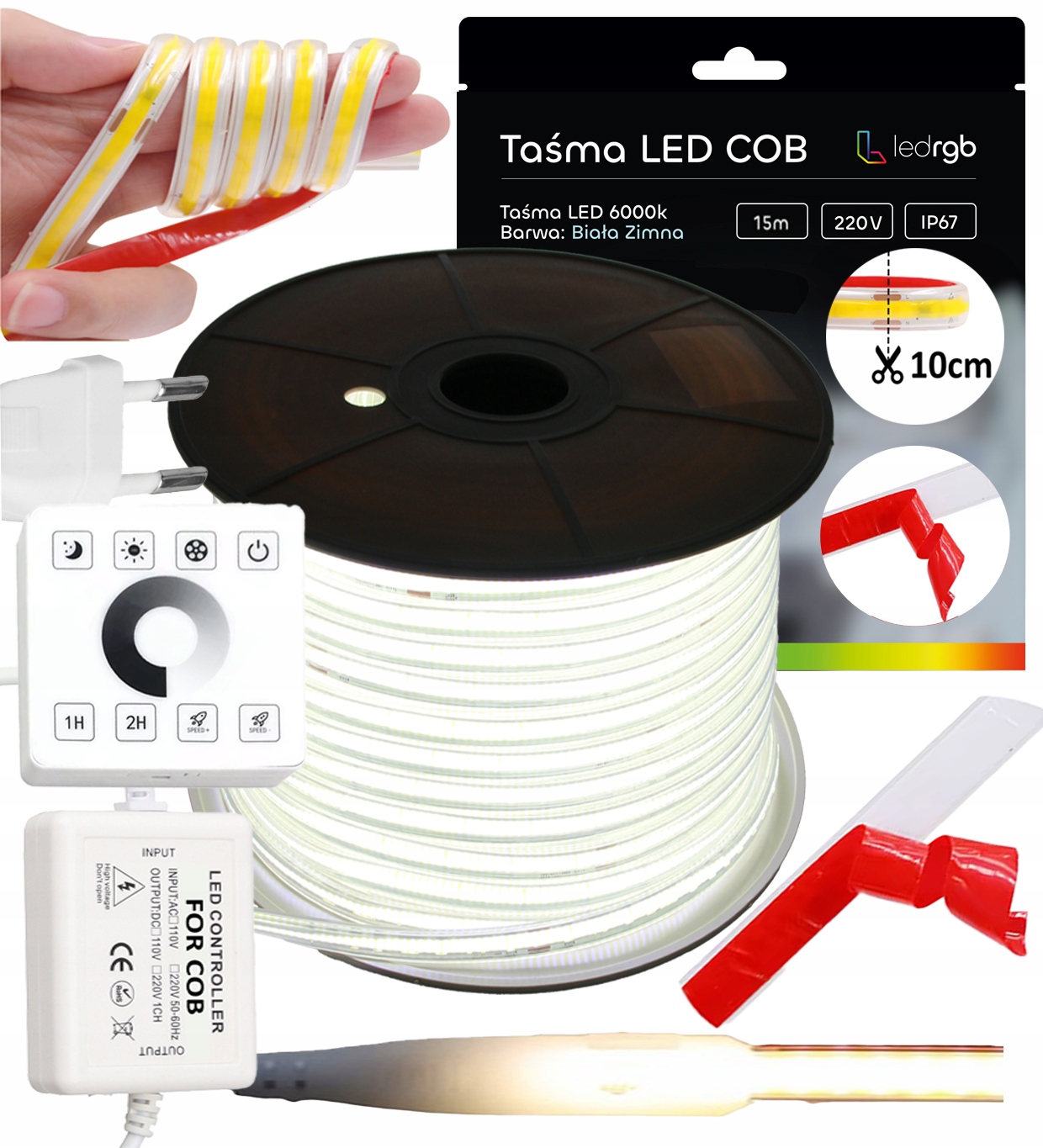 Set Led Pásek Cob 15 m 230 V Bílý Studený 6000 K 10 CM Řezací Ovladač Dálkový Ovladač