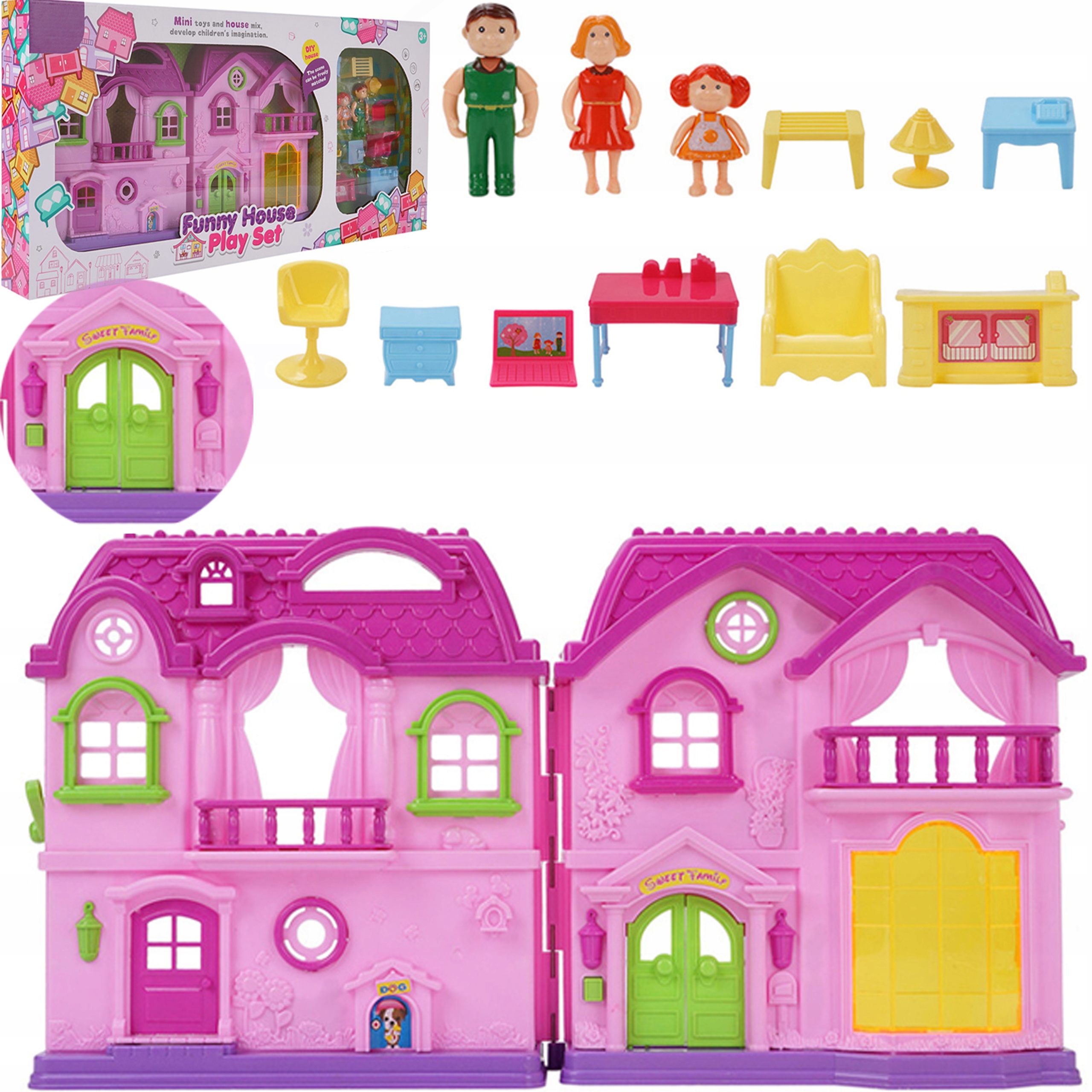 DOMEK DLA LALEK Rozkładany MEBELKI ŚWIATŁÓ DŹWIĘK