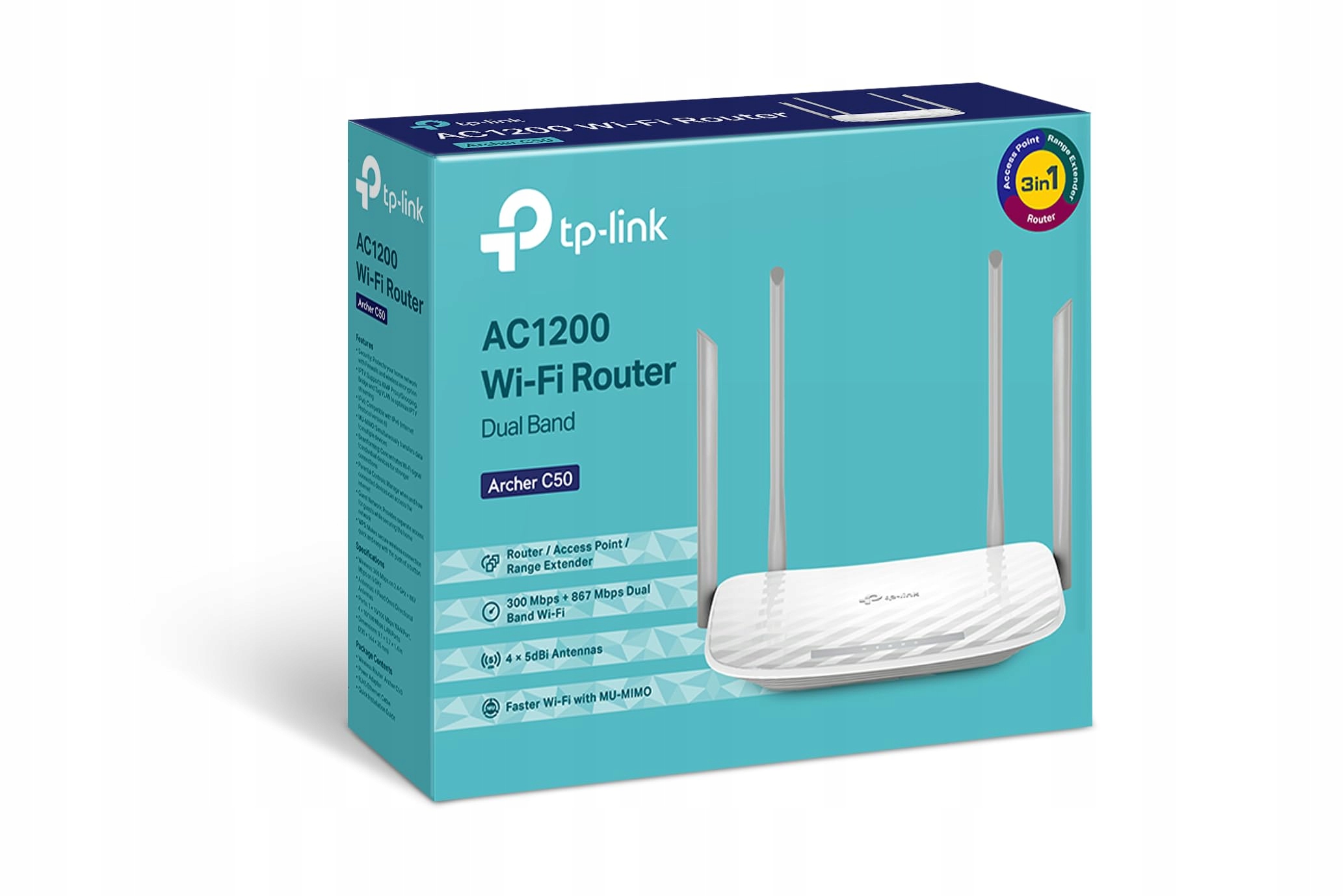 TP-LINK Archer C50 AC1200 Router WiFi Dualband 300+867 Mbps USB 2.0 Biały — miniatura 4