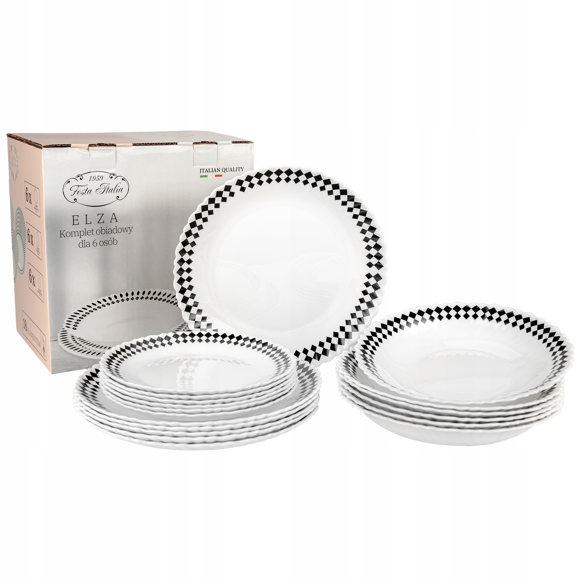 SERWIS OBIADOWY 18 ELEM DLA 6 OSÓB KPL TALERZY ZE ZDOBIENIEM W ROMBY SZKŁO