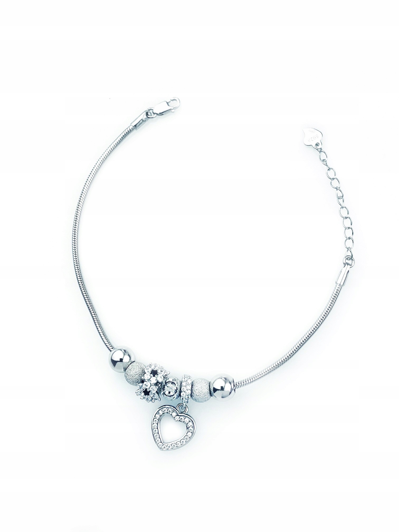 Stříbrný náramek hadíček kuličky květina srdce srdíčko se zirkony