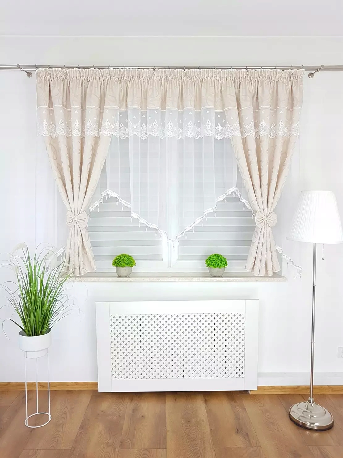 Firana Gotowa Z Koralikami I Haftem Beżowa Firanki Do Kuchni Zestaw Firan