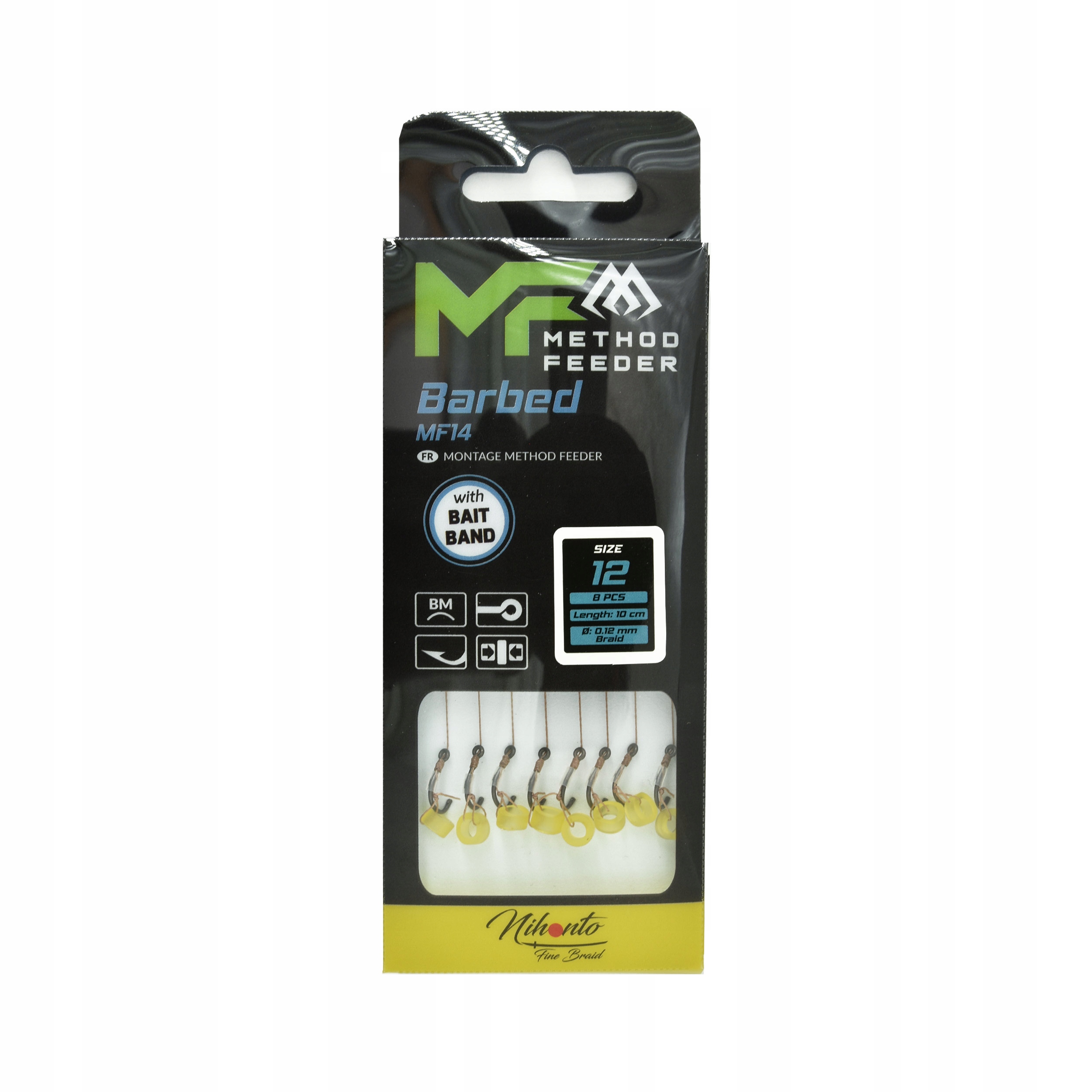 Haki Mikado MF14 przypon 0,12mm 10cm z gumką rozm.#12 8szt.do Method Feeder