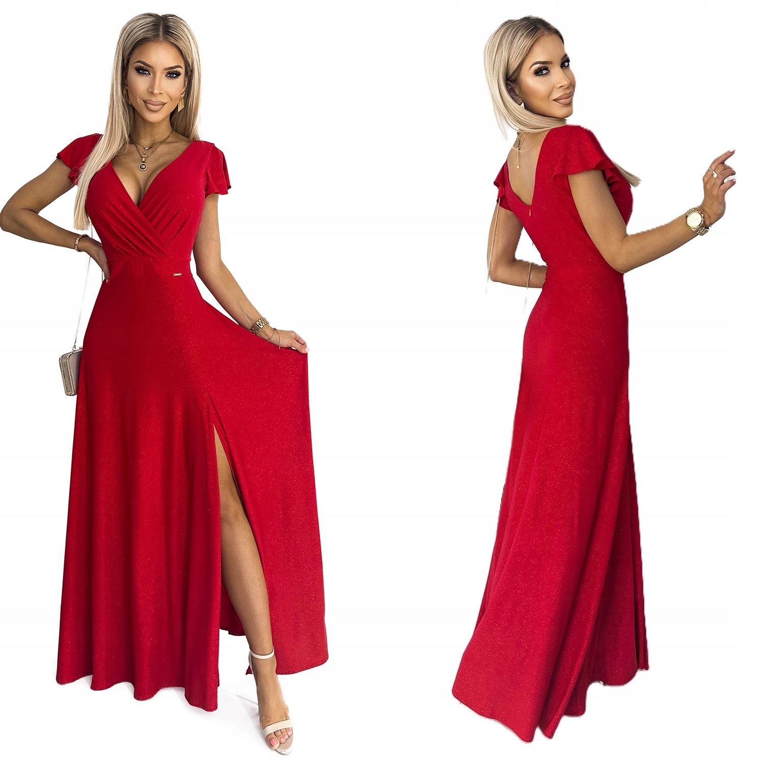 Lesklá Dlouhá Sukně S Velkým Výstřihem Na Silvestrovský Ples, Červená M