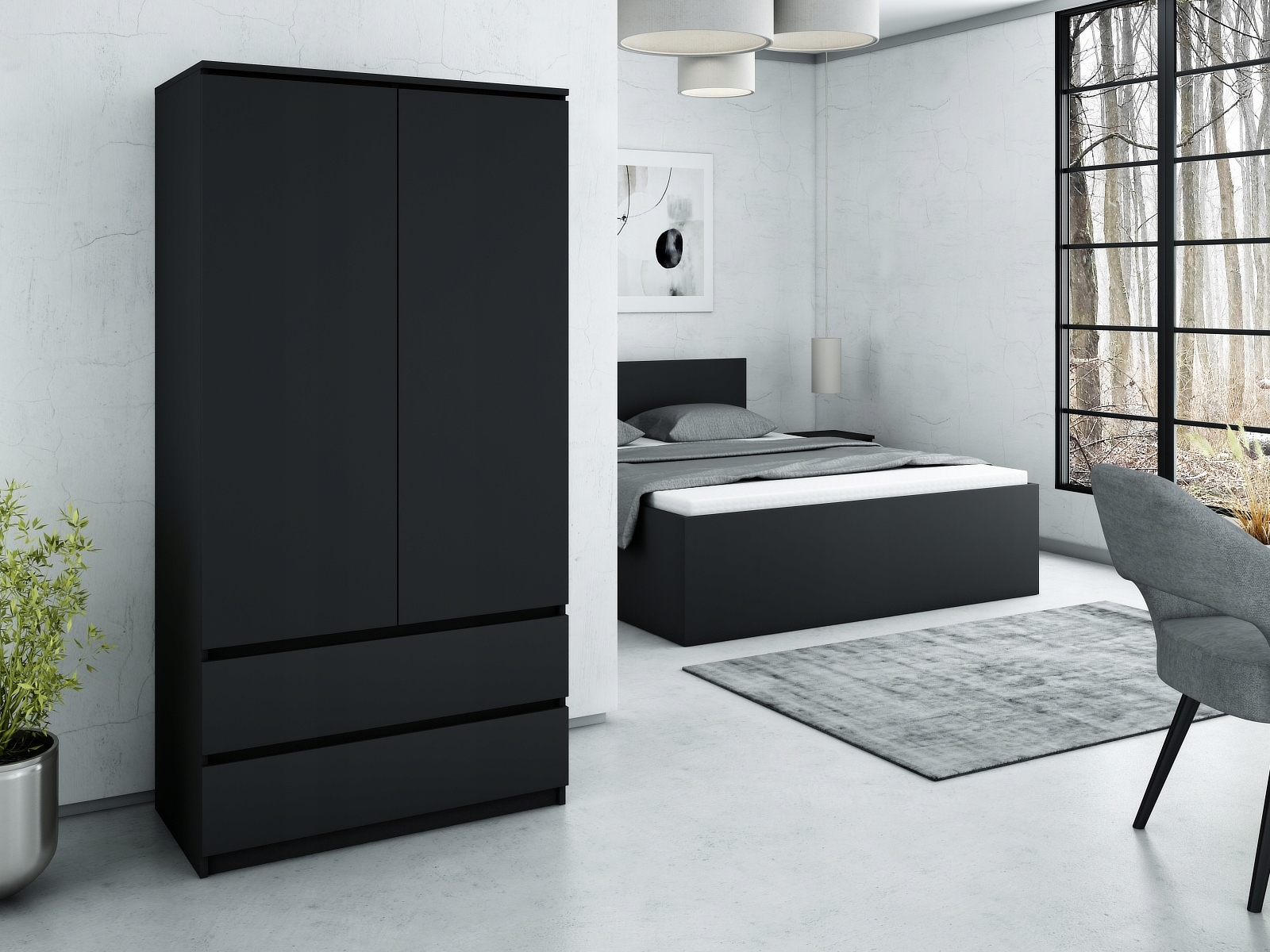 SZAFA DWUDRZWIOWA Z SZUFLADAMI 90 CM DO GARDEROBY, SYPIALNI ANTRACYT/WOTAN Głębokość mebla 50 cm