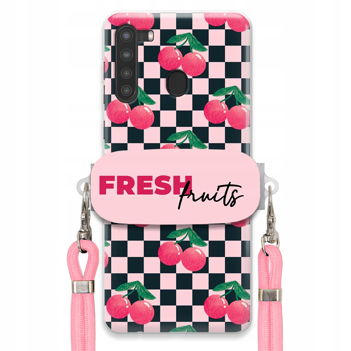 Pouzdro pro Samsung A21 Vodítko Pink Crossbody Držák na šachovnici Fresh Fruits