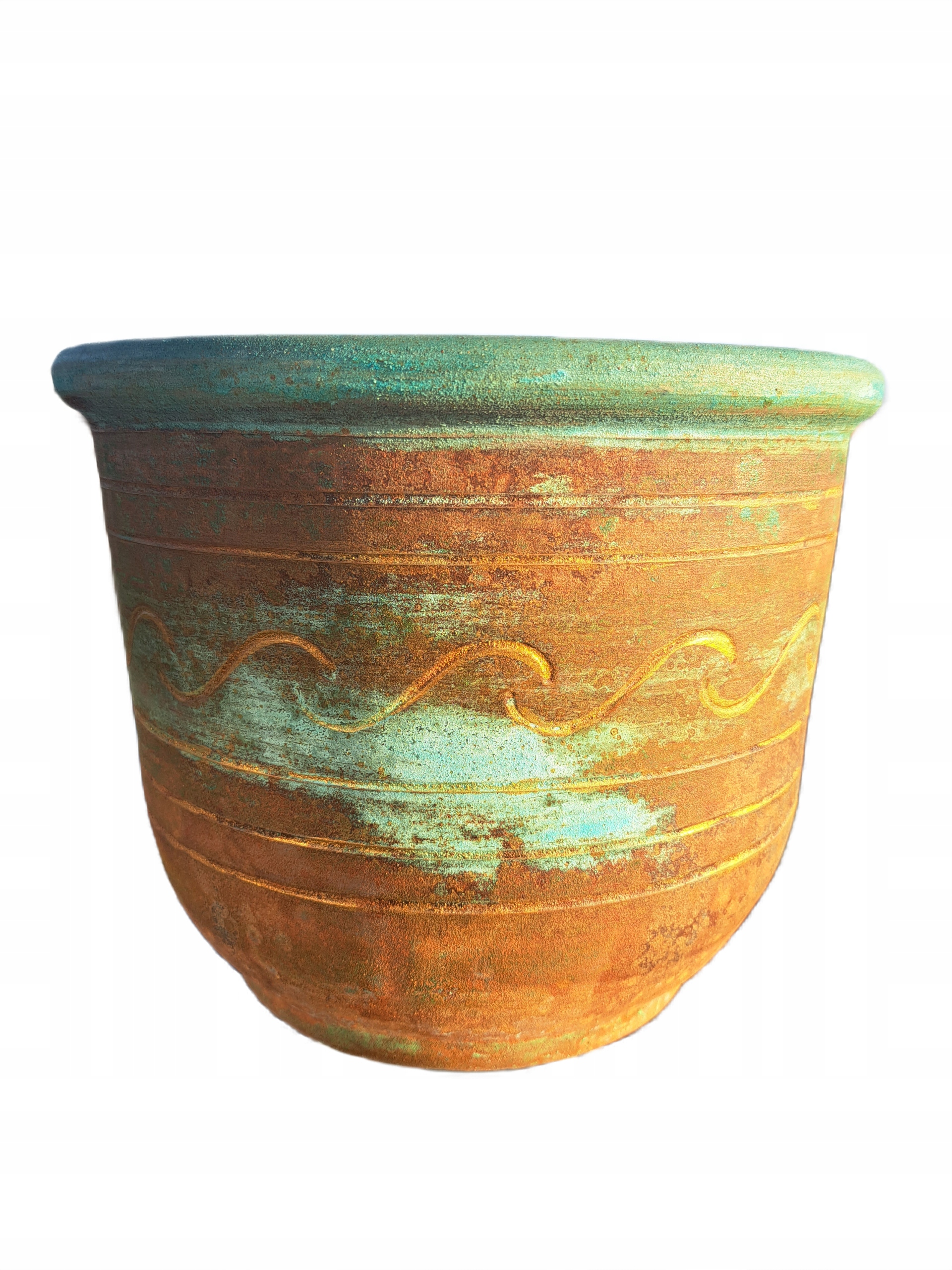 DONICZKA CERAMICZNA GRECKA 26X23 RDZA PATYNA HEXA RĘKODZIEŁO