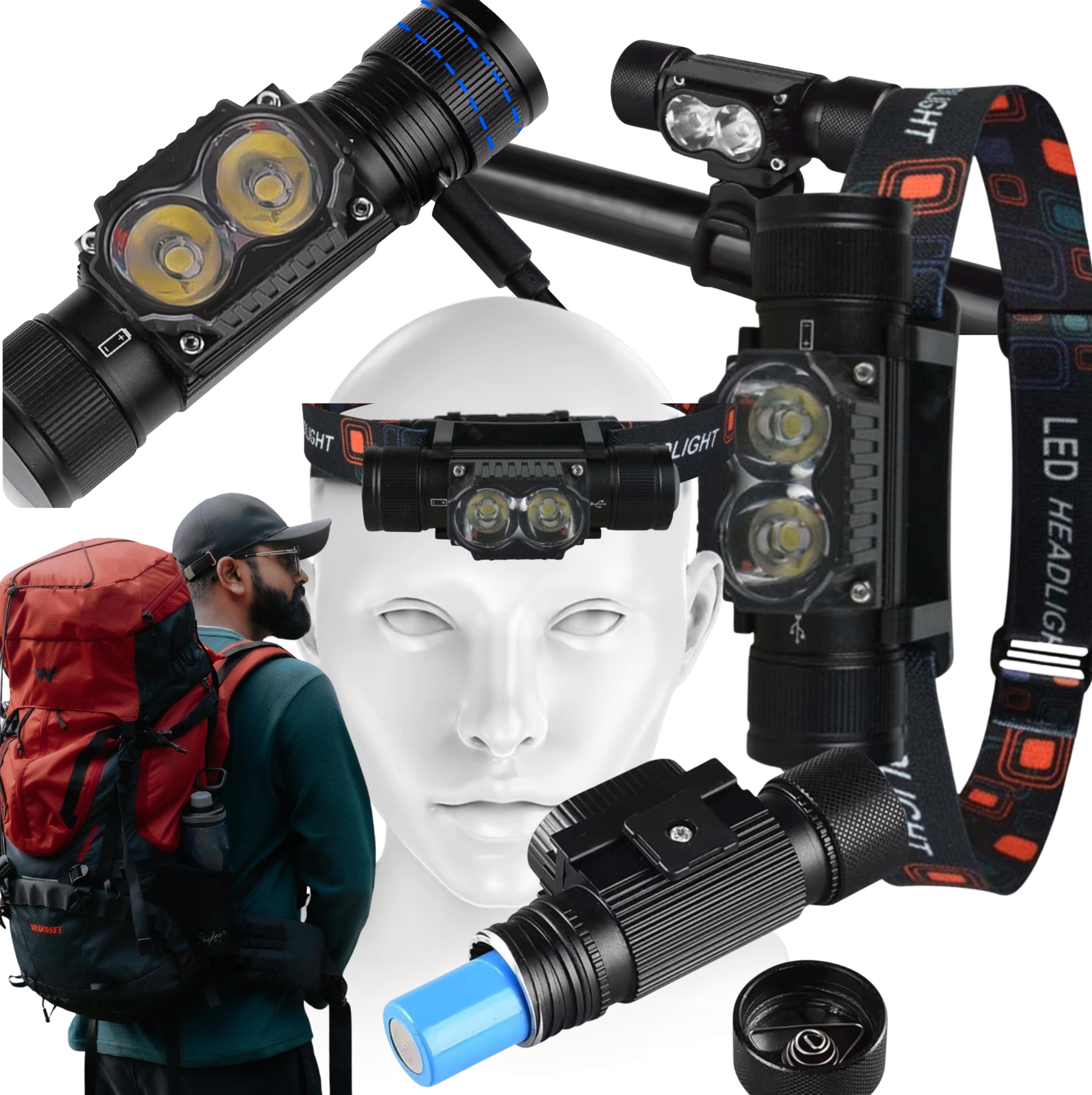 Mocna Latarka Czołowa 1200LM Wodoodporna Led Usb Akumulatorowa 4 Tryby