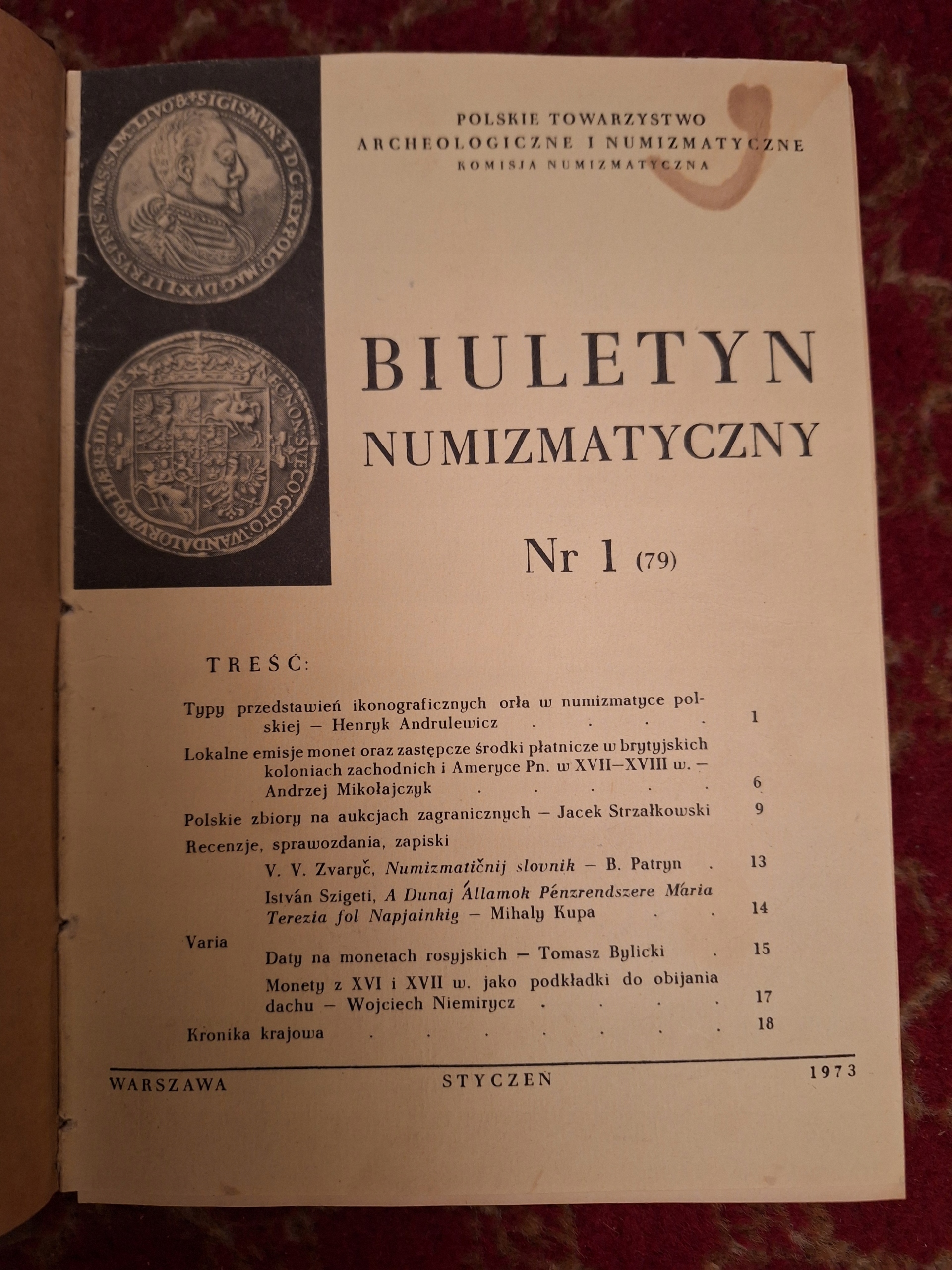 Biuletyn numizmatyczny Rocznik 1973 oprawa introligarska