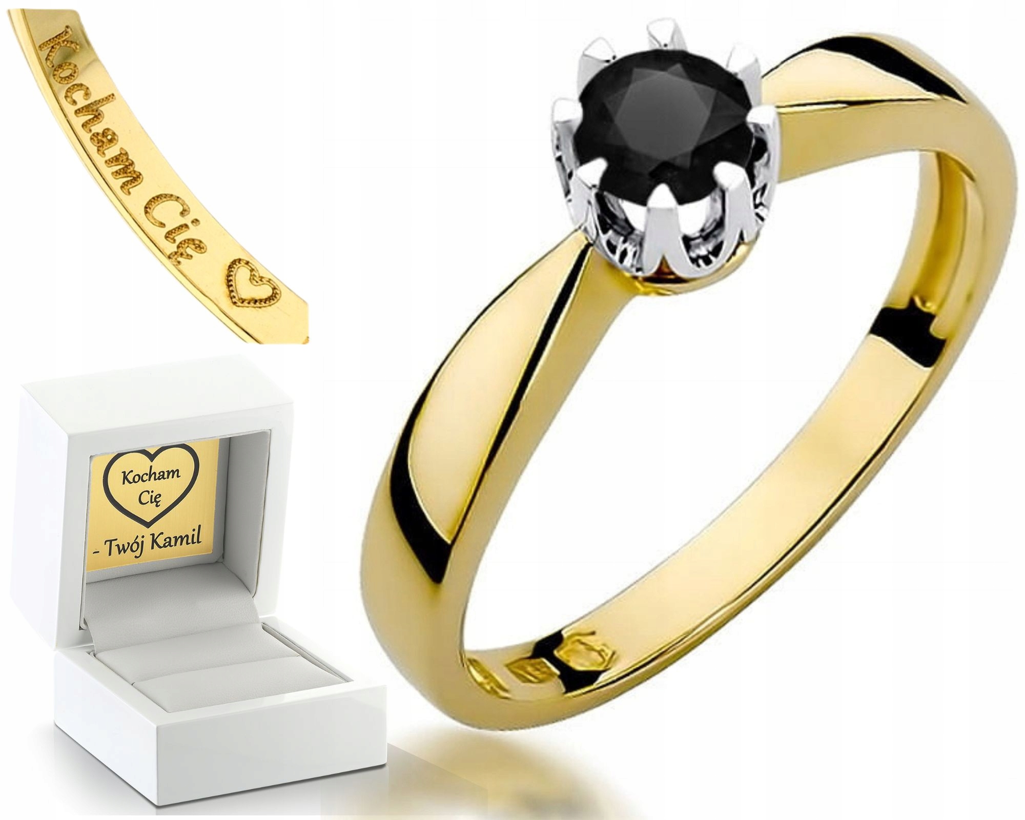 Žluté Zlato Prstýnek Černý Briliant Zásnuby Gravírování 585 Bonus