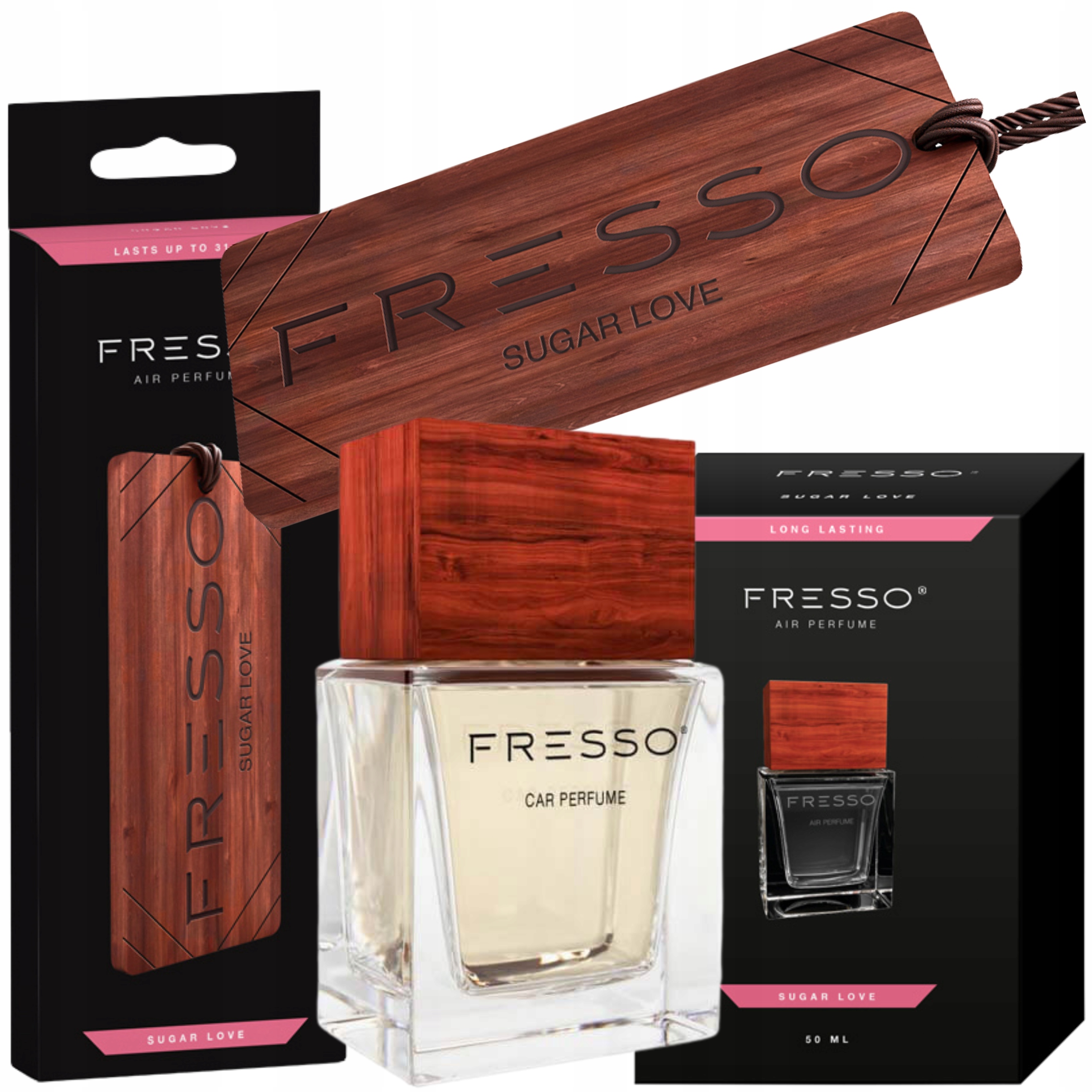 FRESSO SUGAR LOVE PERFUMY SAMOCHODOWE + ZAWIESZKA ZAPACHOWA DO AUTA
