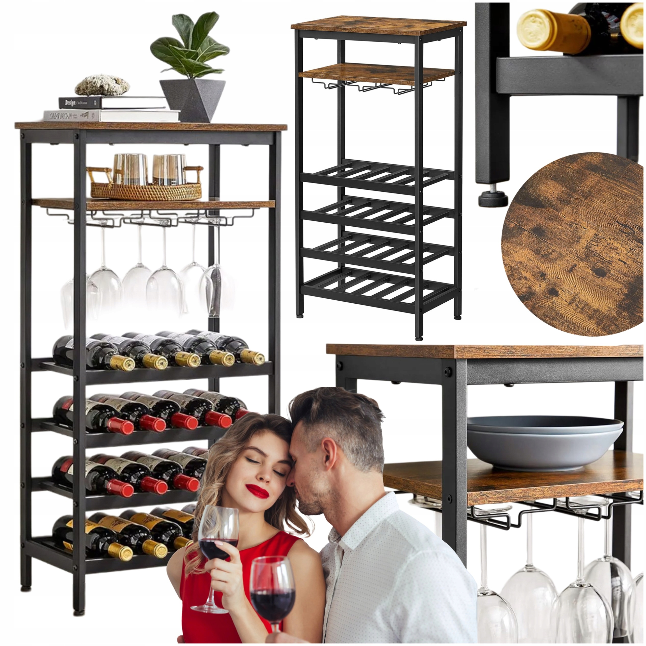 Barový stojan na víno Stojan na láhve vína Police s držáky na skleničky