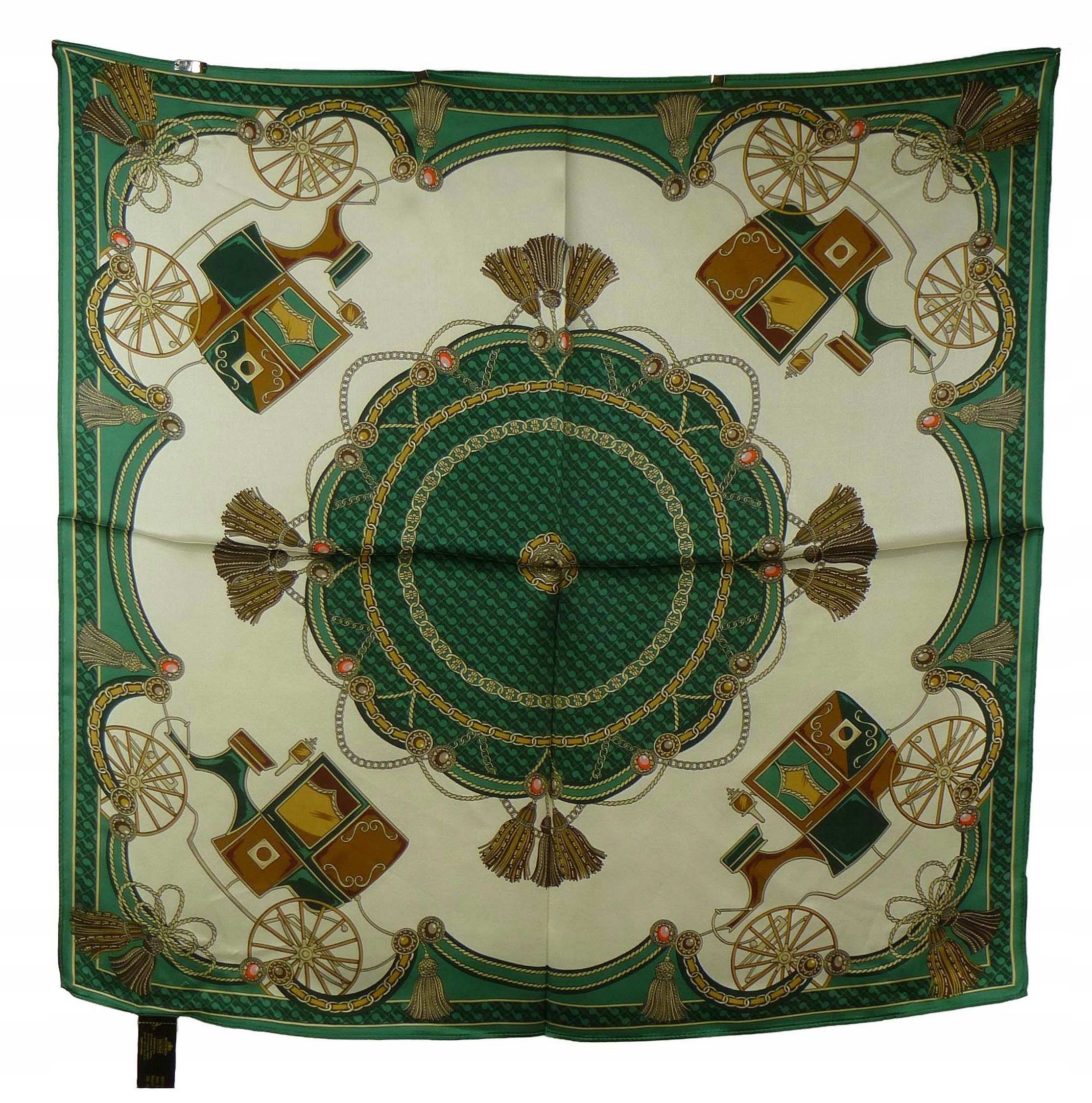 Hedvábná šála Wittchen velká, zelená, hnědé kočáry a ladné řetězy