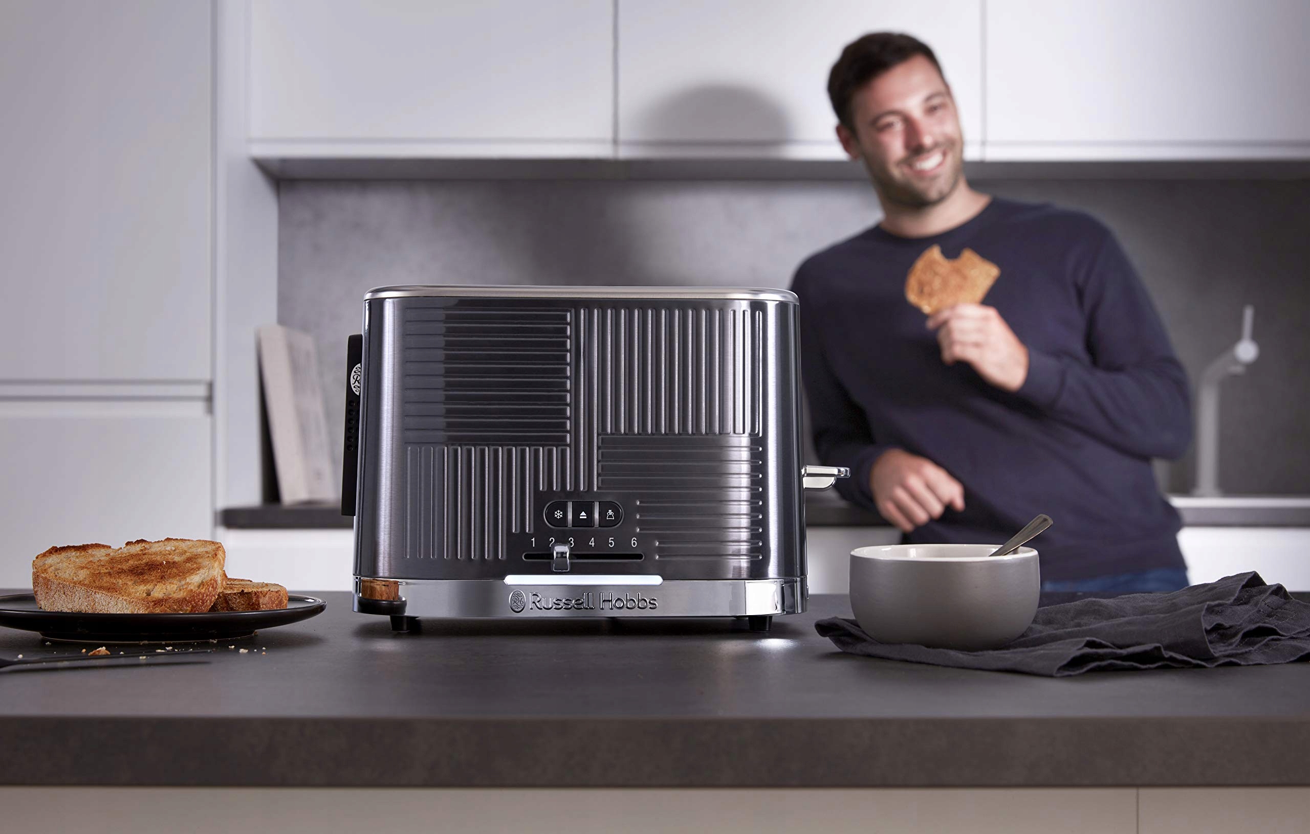 RUSSELL HOBBS Toster 2 Kromki Stalowy Szerokie Szczeliny 6 Stopni 1640W — miniatura 9