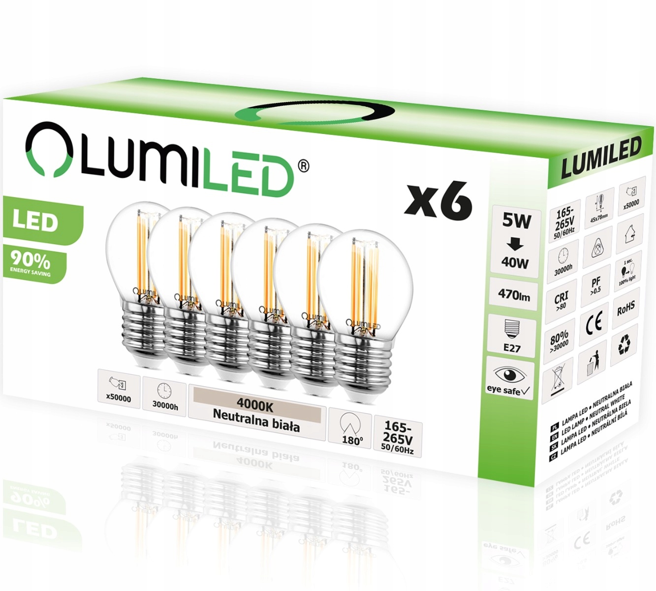 

6x Żarówka Led E27 Kulka 7W 60W 4000K Lumiled