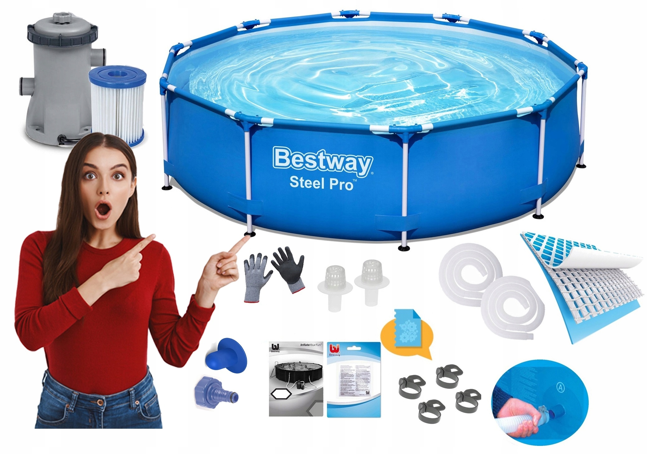 Basen Ogrodowy Stelażowy 366x76cm Bestway Stelażu Zestaw Pompa Filtr 17w1