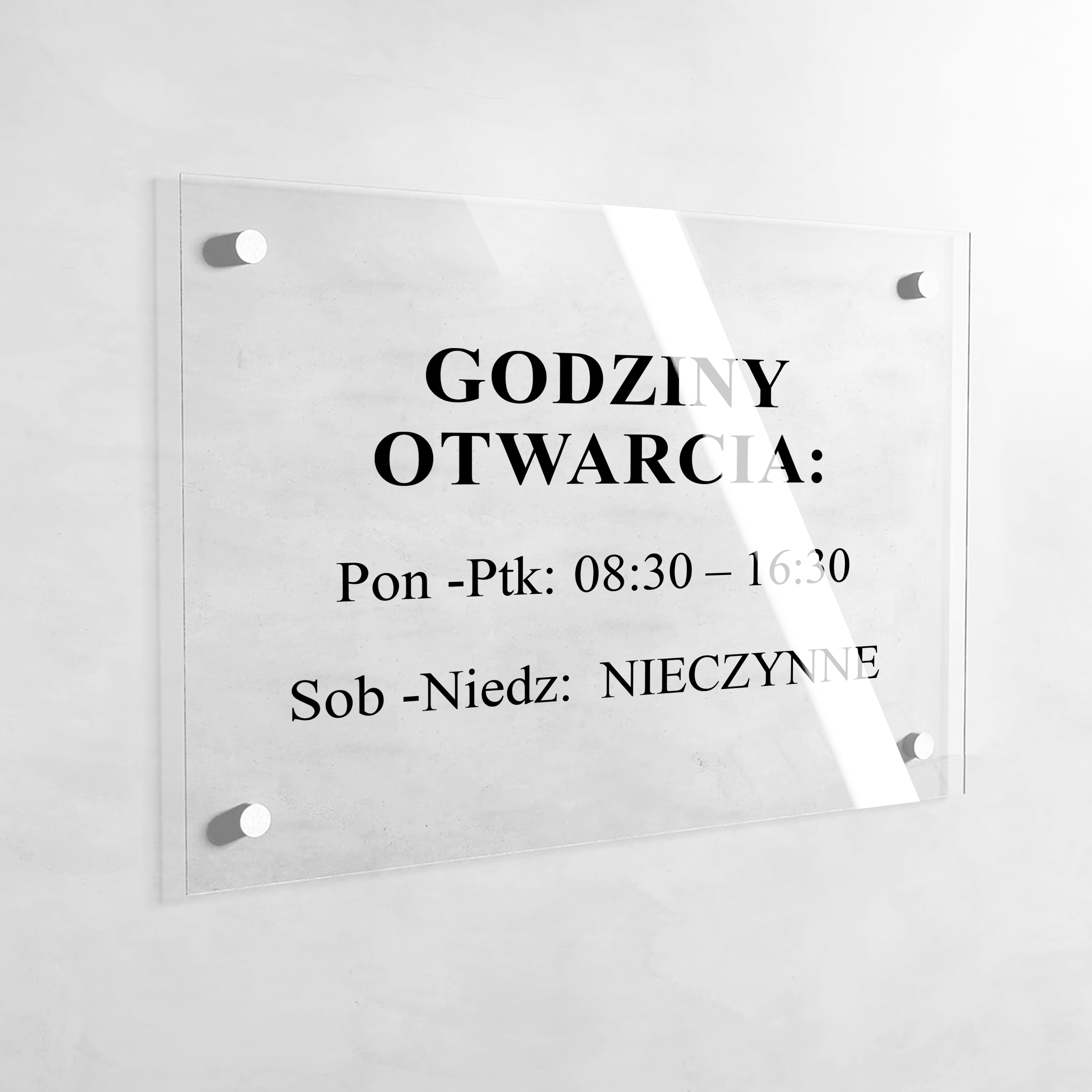 Godziny otwarcia - tabliczka plexi + 4 dystanse srebrne