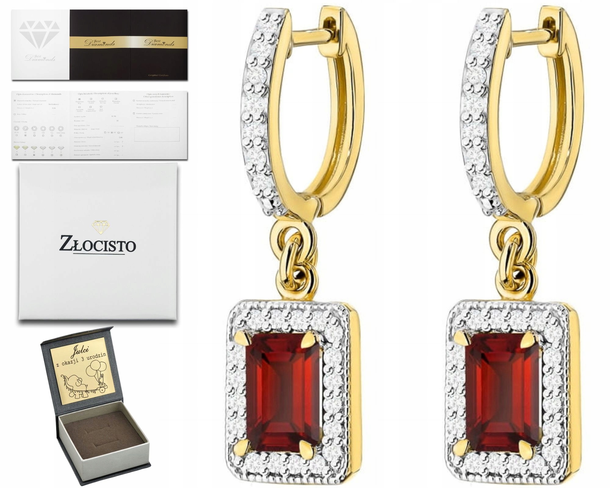 Náušnice S Granátem Brilianty Diamanty Dárek Pro Ni Závěsné Nádherné