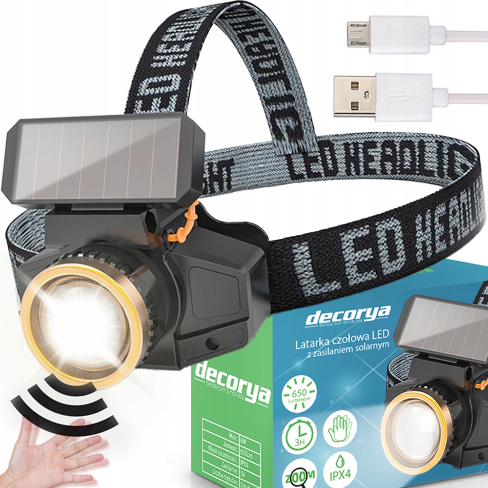 Mocna Latarka Led Czołowa Czołówka Solarna Akumulatorowa Czujnik Ruchu Usb