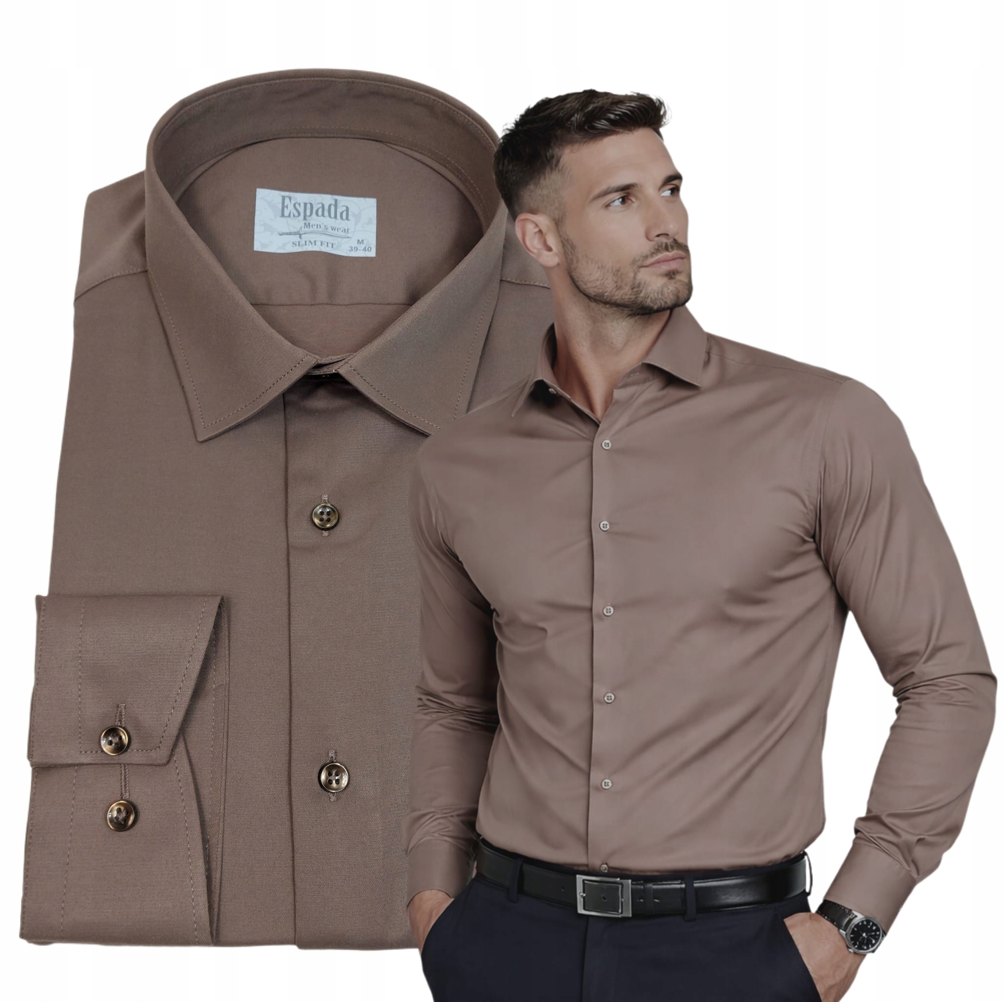 Pánská košile Hnědá Světlá Bavlněná Elegantní Elastická Slim vel. XXL