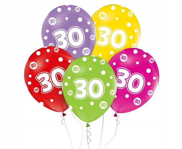 

Balony na 30 Urodziny kolorowe kropki 30cm 5 sztuk