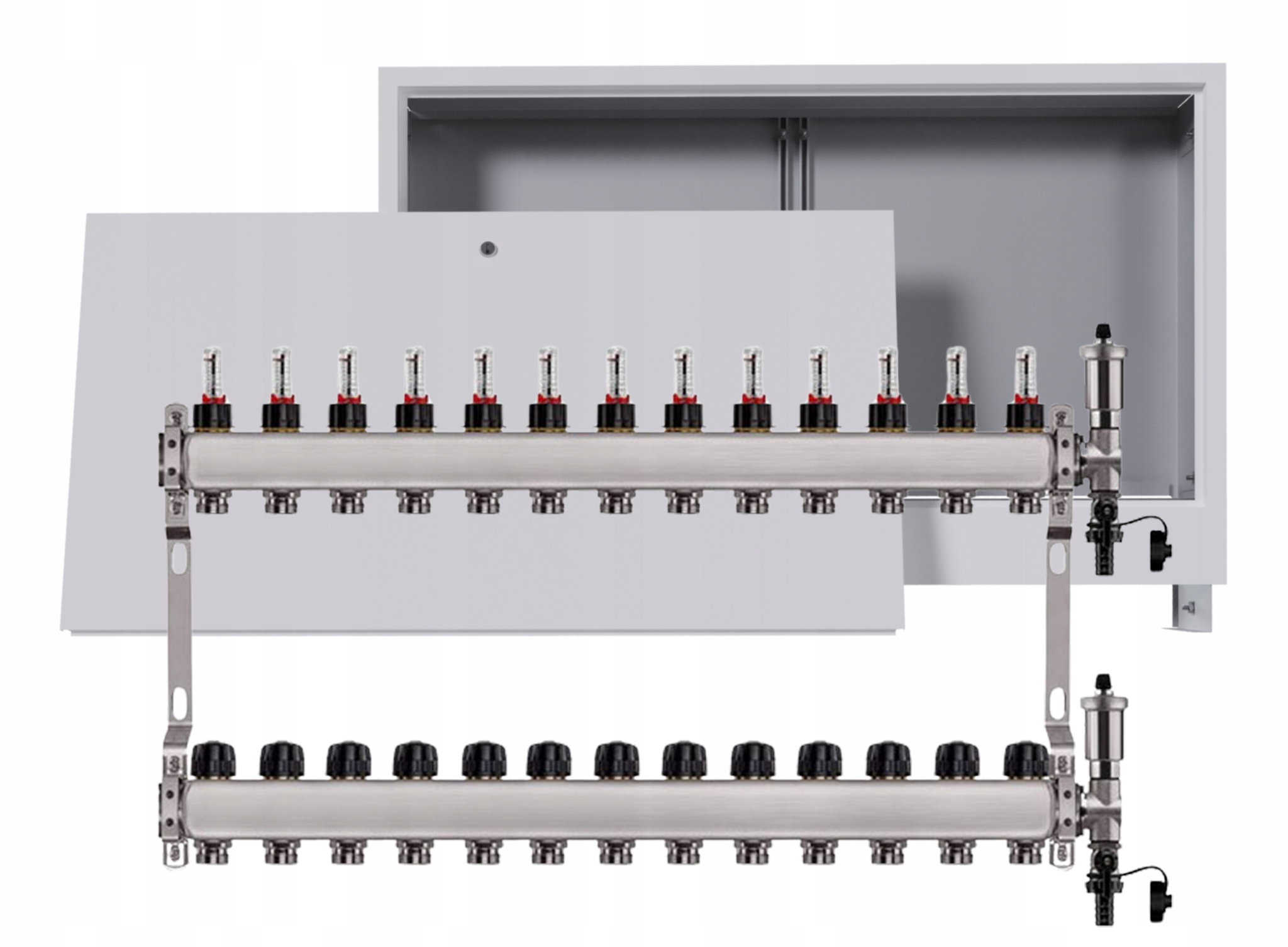 Nerezový rozdělovač na podlahu 13 okruhů s podomítkovou schránkou, bílý