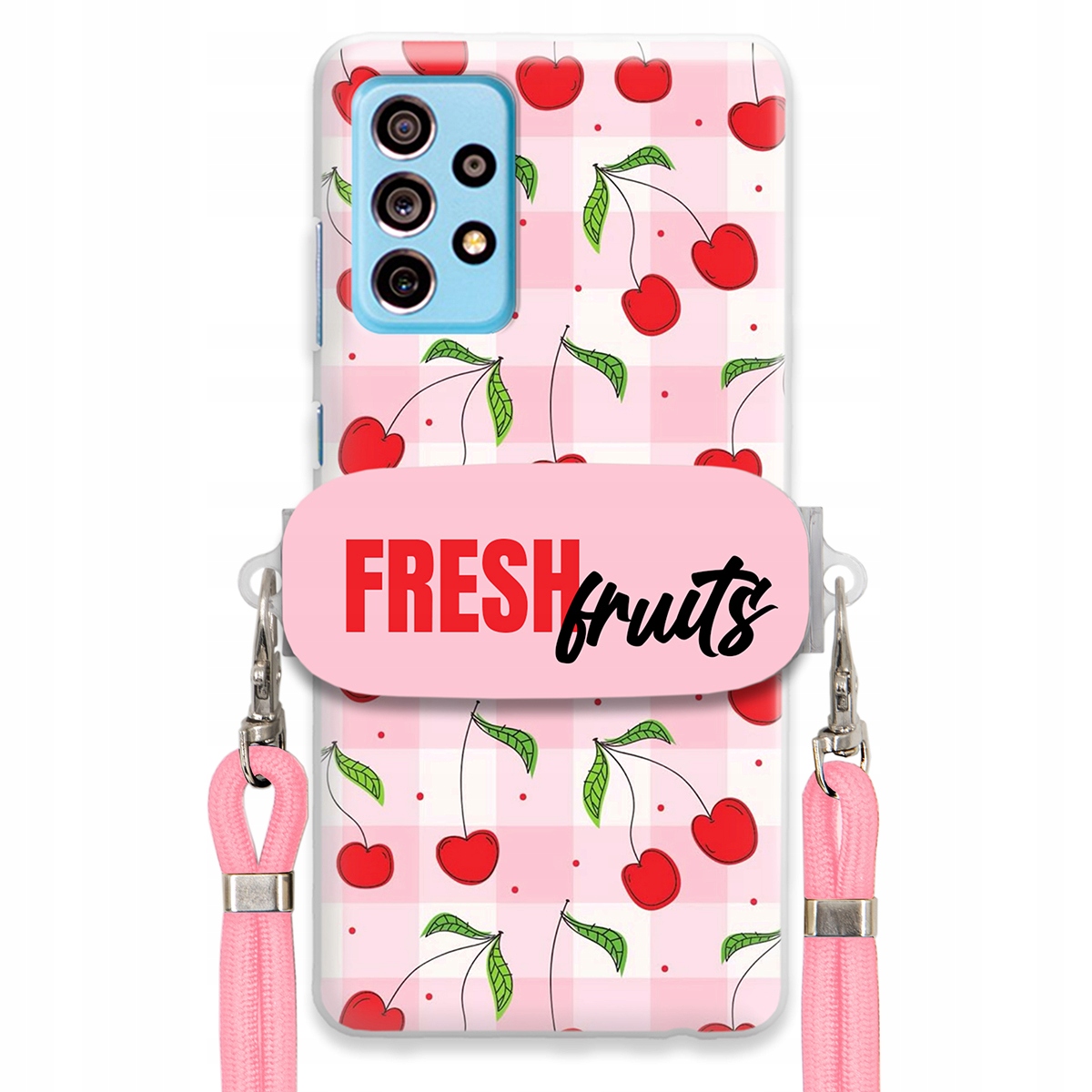 Puzdro pre Samsung A73 5G Case držiak na šnúrku Ružový Fresh Fruits Mriežka