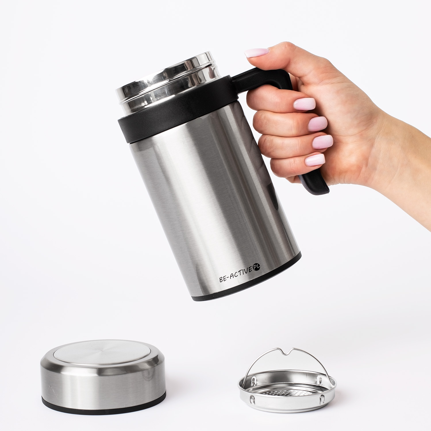 Kubek termiczny termos srebrny podwójne ścianki duży 450ml na kawę herbatę — 15