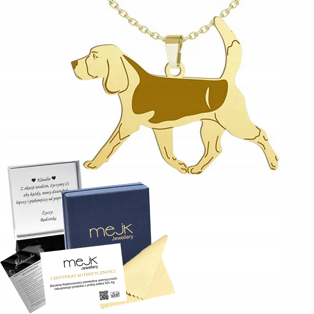 Zlatý náhrdelník se psem Beagle 925 Řetízek Dárek Žena Gravírování Bonus