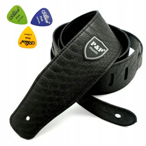 Pasek do gitary P&P Czarny Vegan Leather skóra węża PAS gitarowy KOSTKI