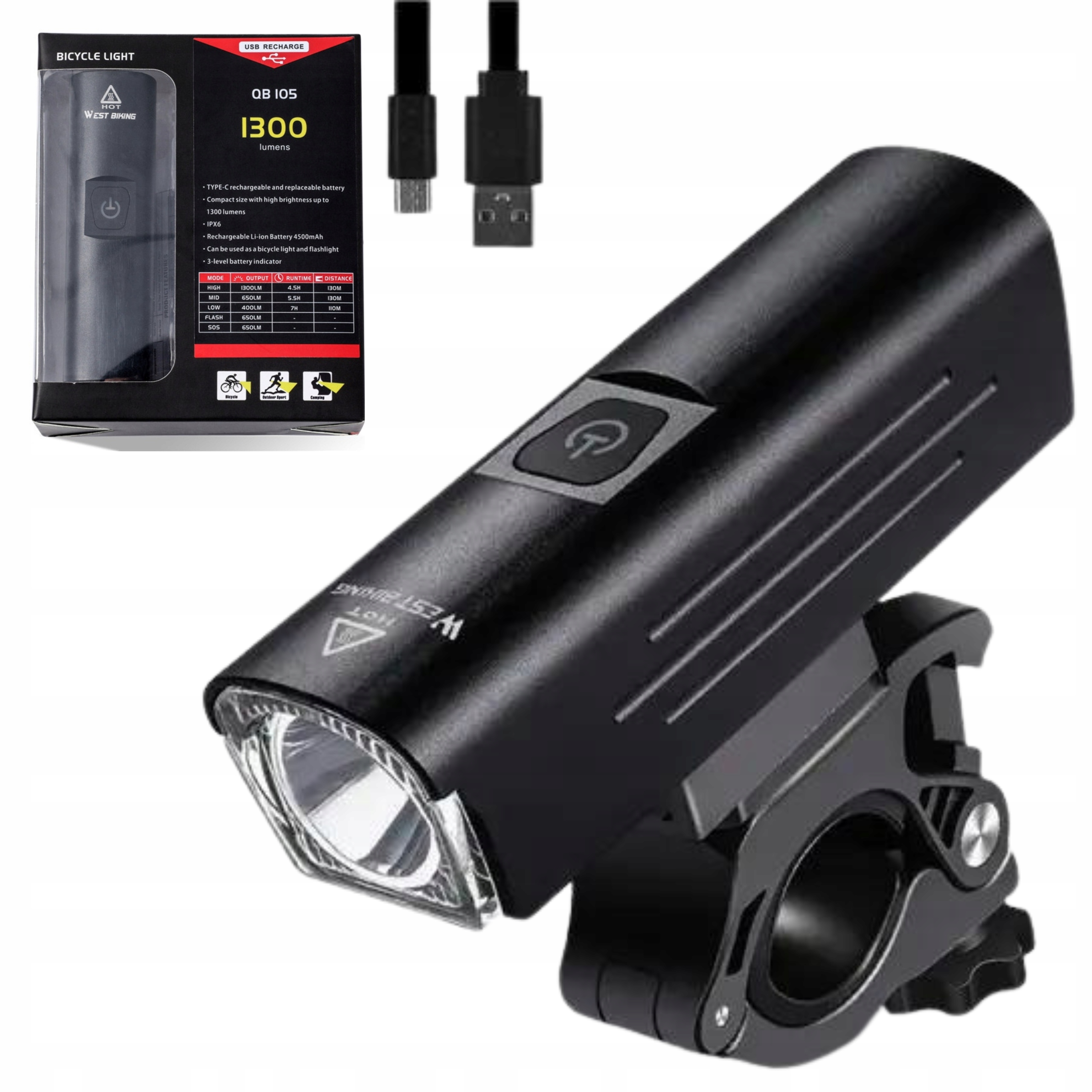 

Lampka rowerowa Led przód West Biking mocna 1300 l
