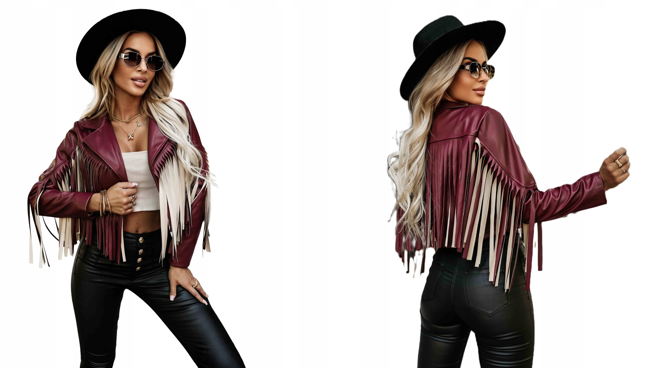 Velmi Krátká Ramoneská Bunda S Dlouhými Střapci Bordó