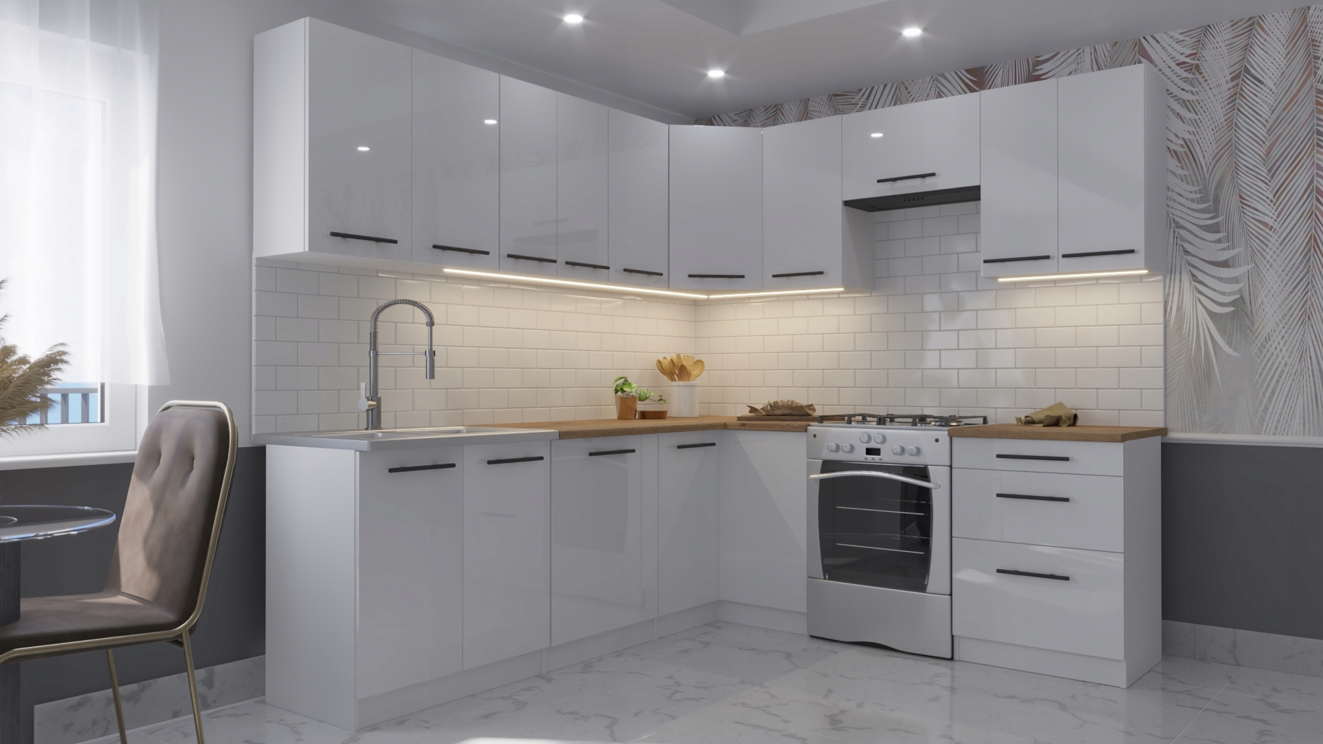 Meble kuchenne NAROŻNE ZMYWARKA biały połysk