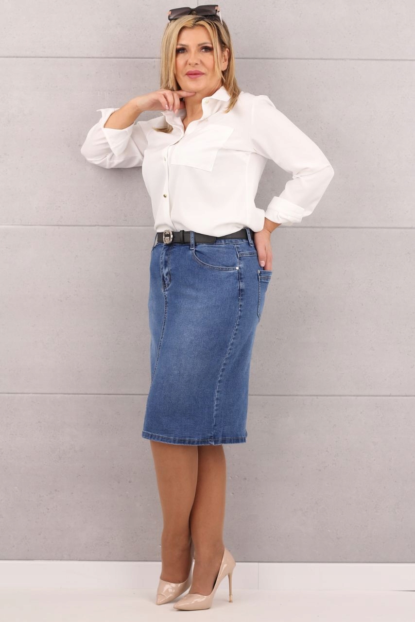 OŁÓWKOWA SPÓDNICA JEANS PASEK GRATIS Z ROZCIĘCIEM DUŻE ROZMIARY Rozmiar 40