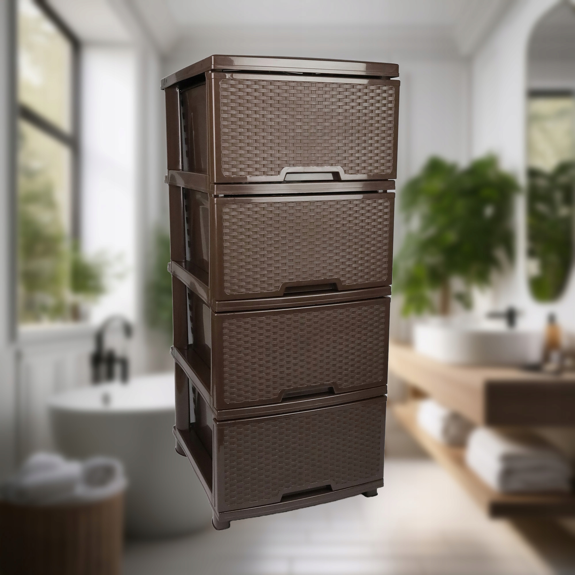 REGAŁ ŁAZIENKOWY BRĄZOWA KOMODA STOJAK SŁUPEK SZAFKA Z 4 KOSZAMI RATTAN