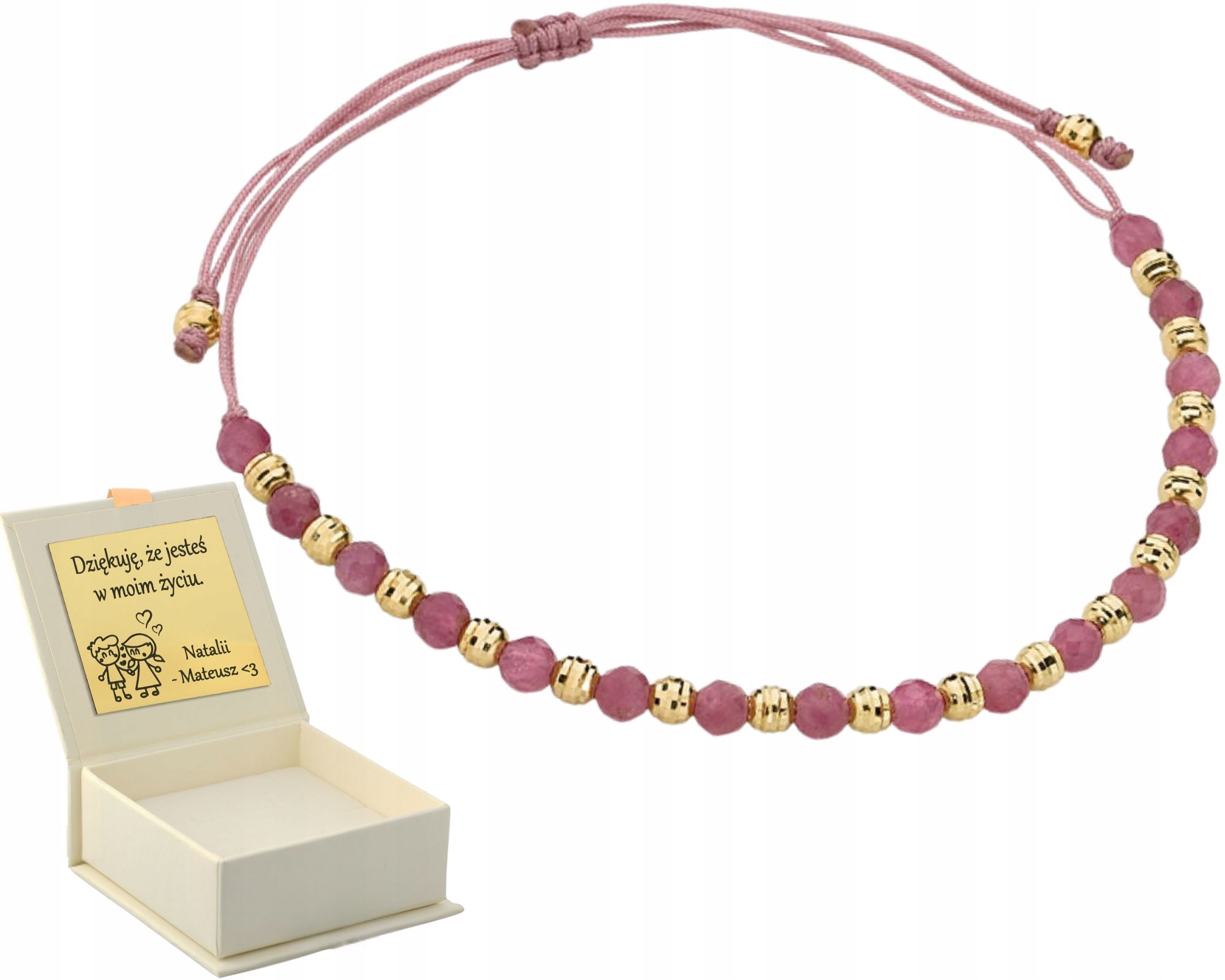 Šňůrkový Náramek Zlato 585 Kámen Turmalín Pink Diamantové Kuličky