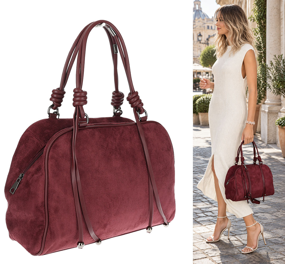 Dámská shopper kabelka prostorná, módní semišová taška kufřík D715 Bordó