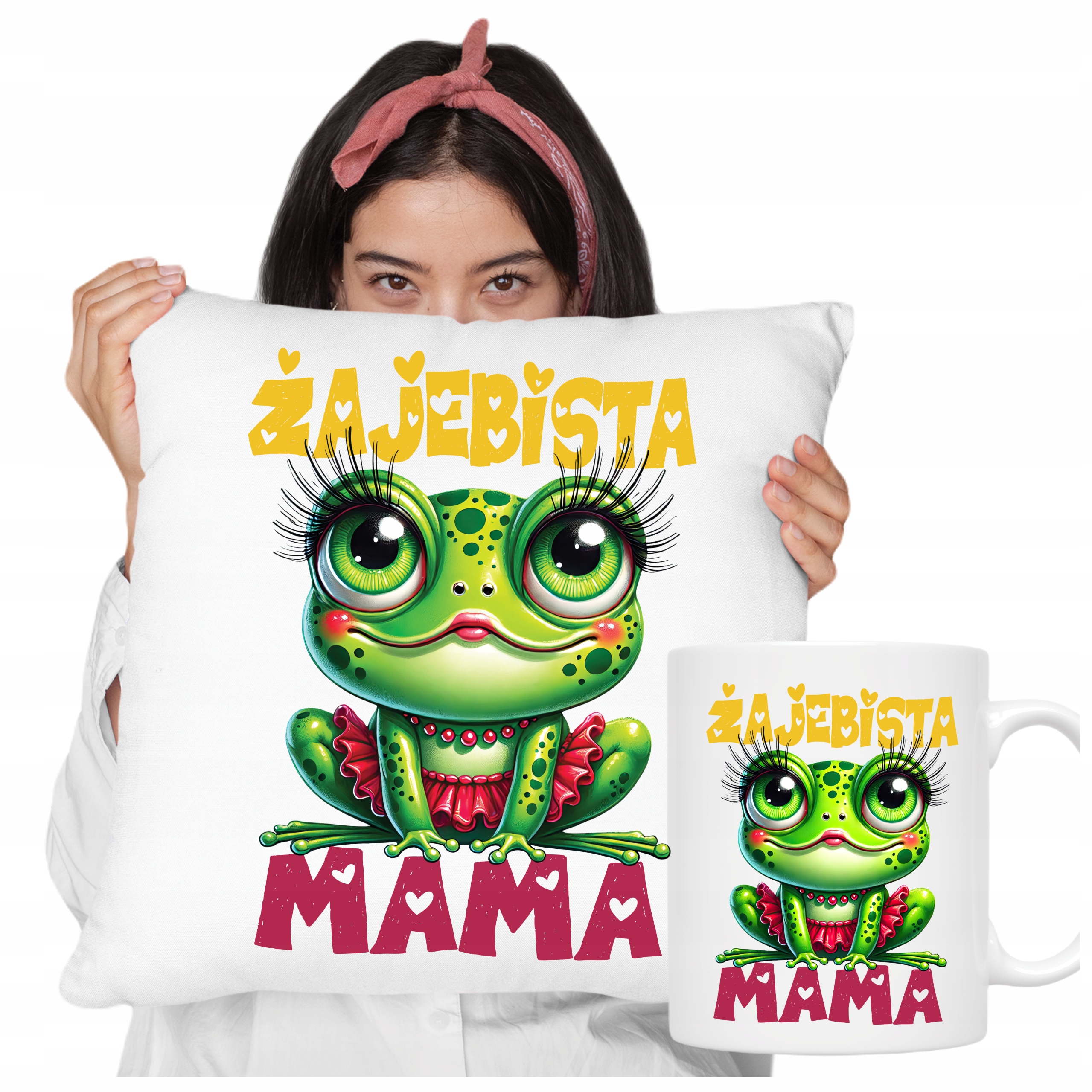 Kubek Poduszka dla Mamy zestaw prezentowy Dzień Mamy Żajebista Mama żabka