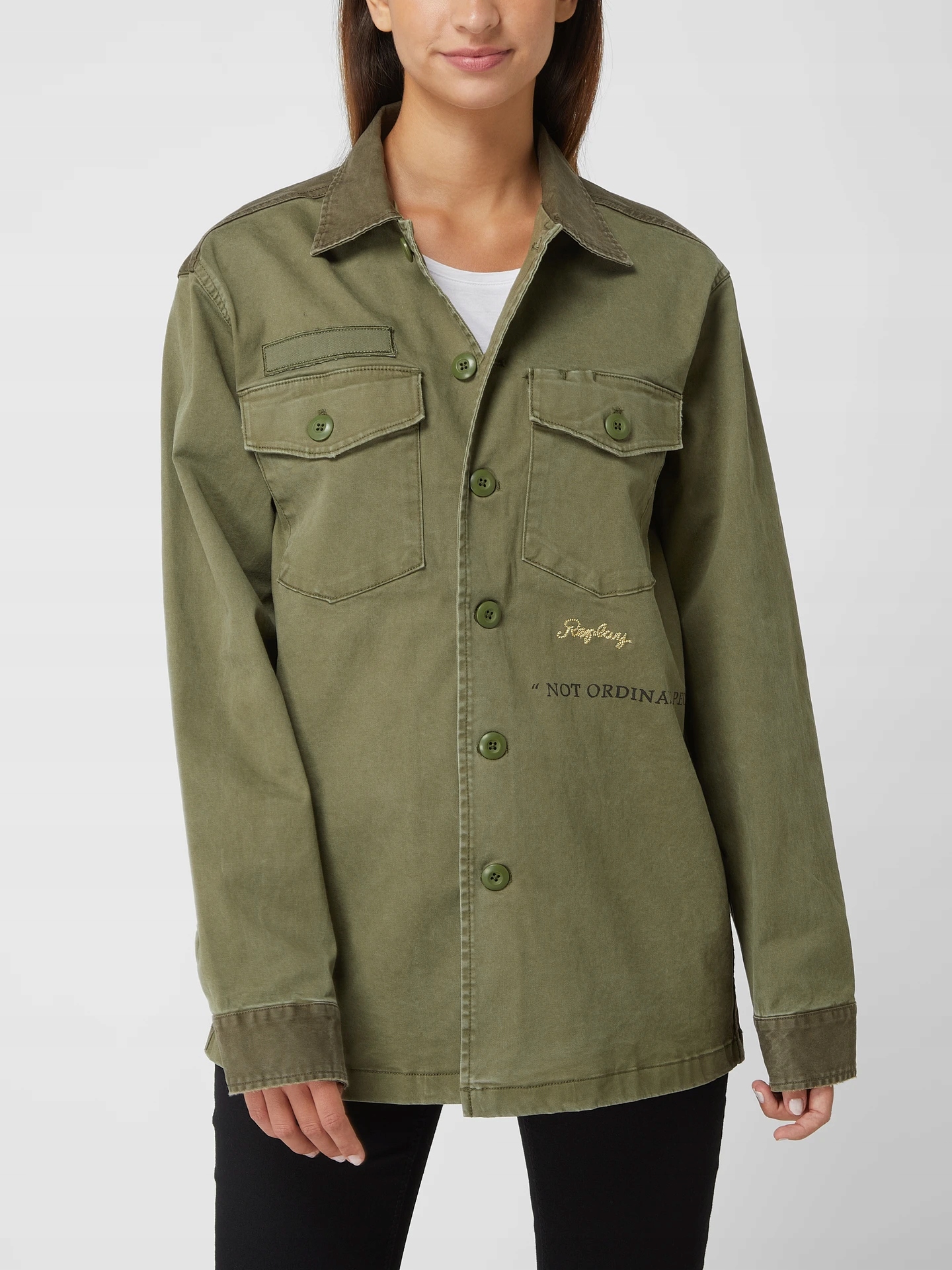 Replay Košilová bunda oversize střihu s nápisem khaki