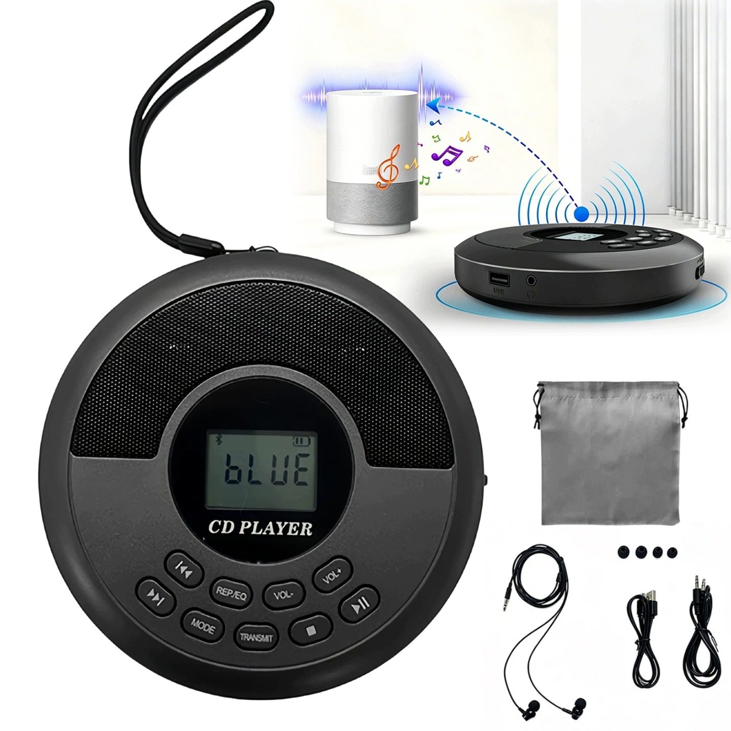 Bluetooth MP3 Přehrávač – Přenosný, Aux, LCD, Černý Sluchátka