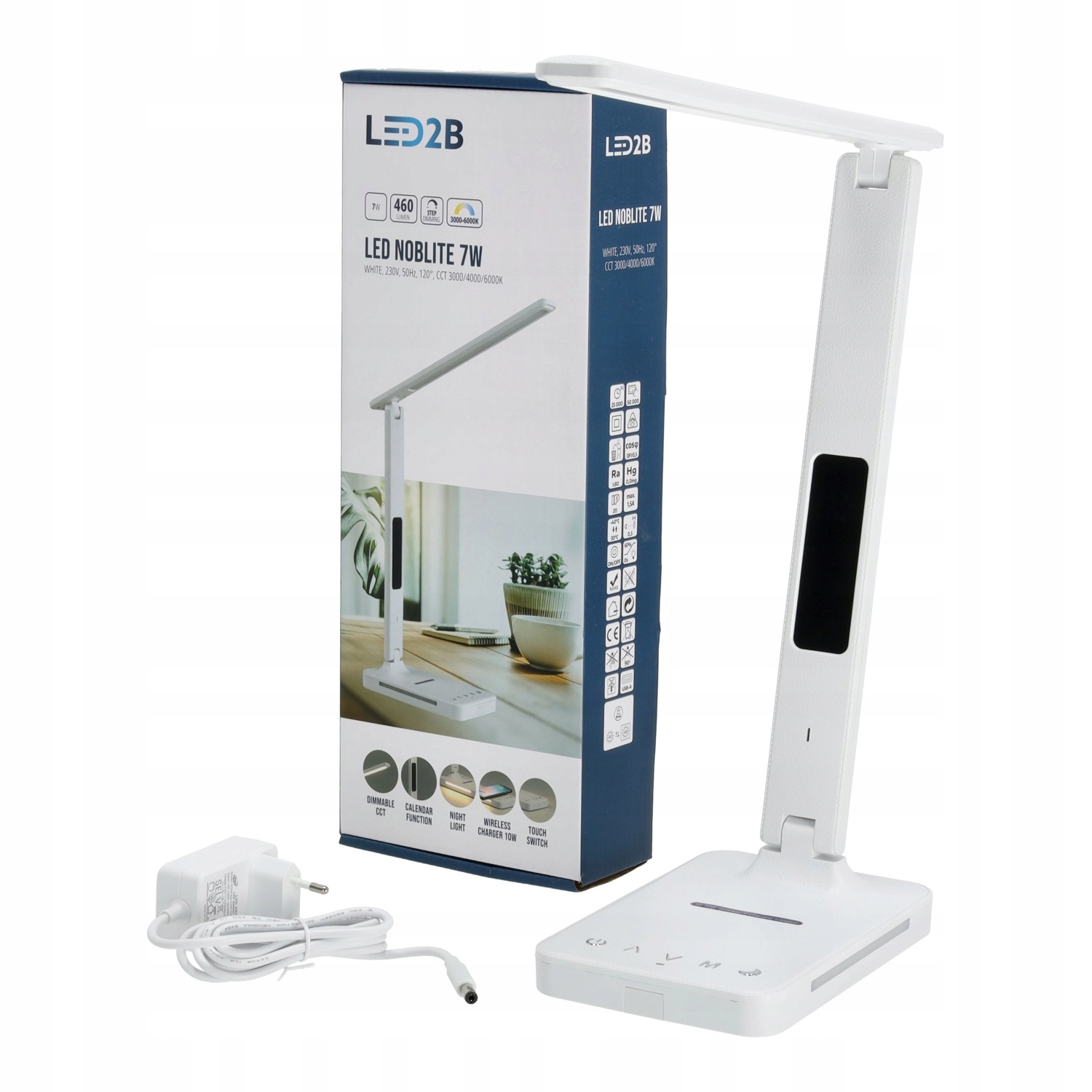 Led stolní lampa 7W Bílá Displej Indukční nabíječka Q1 Alarm Usb