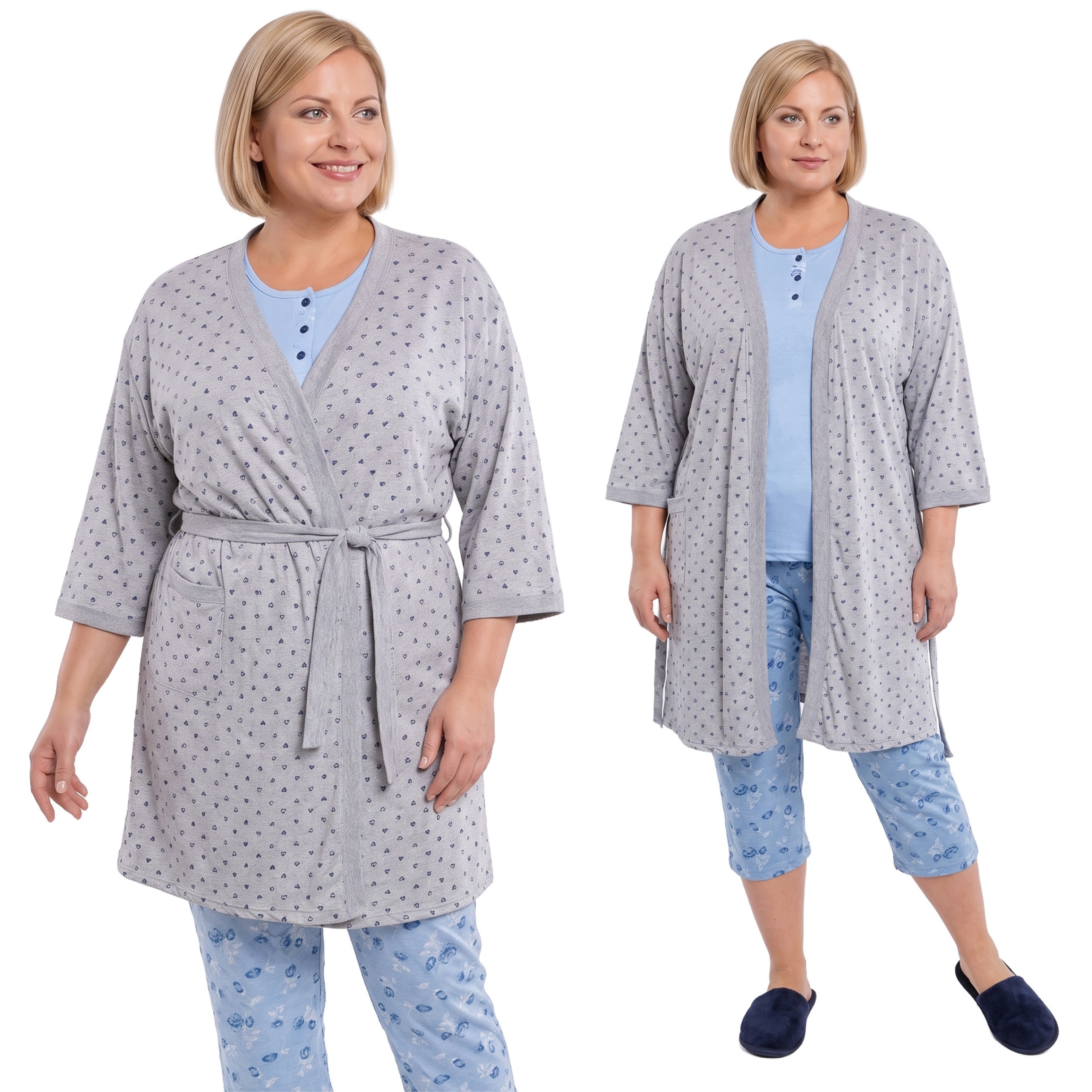 Šedý dlouhý župan s tmavě modrými srdíčka, velikost plus size velikost 60