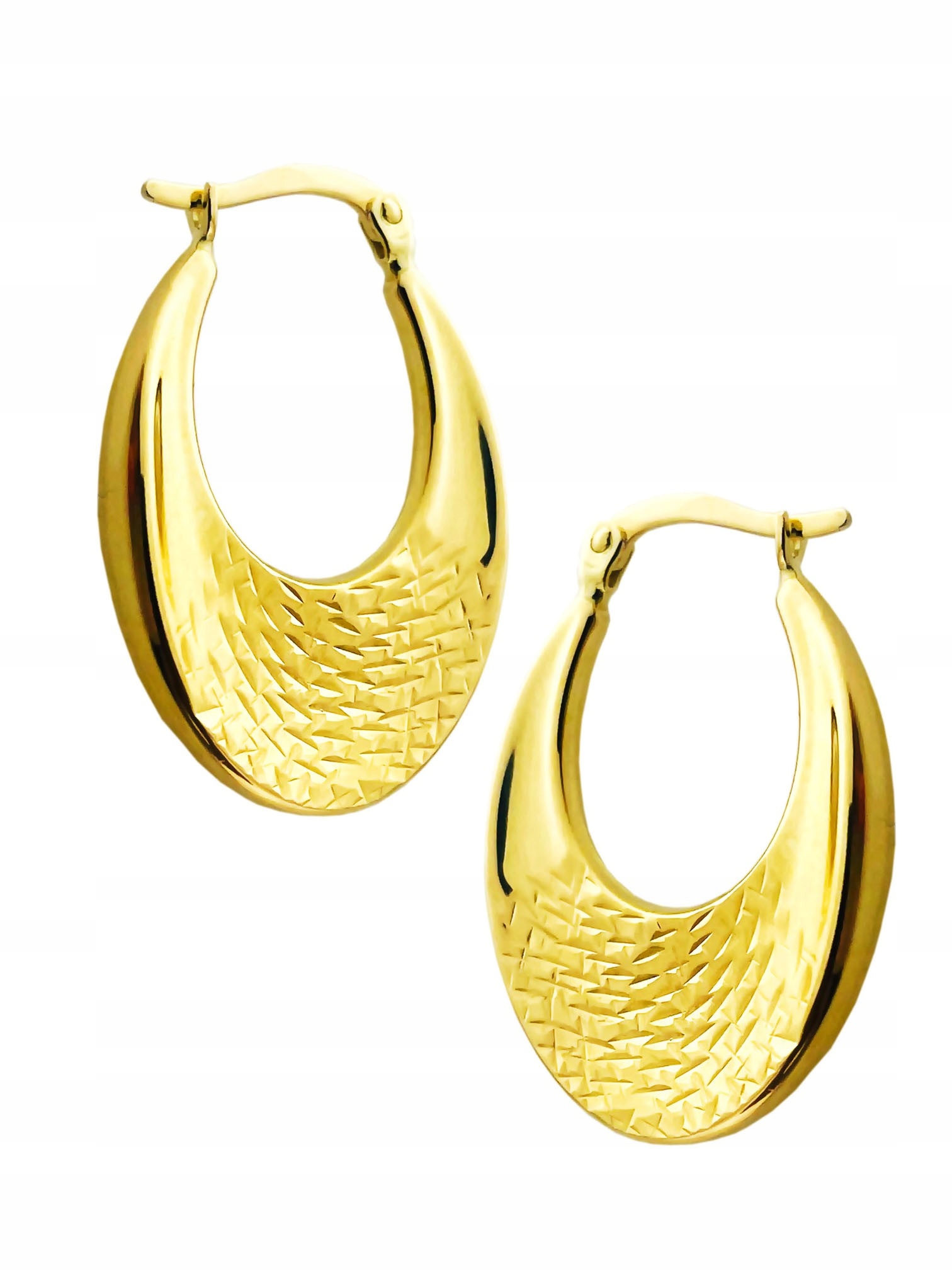 Zlaté náušnice s širokými oválnými koly, leštěné, zdobené vzorem